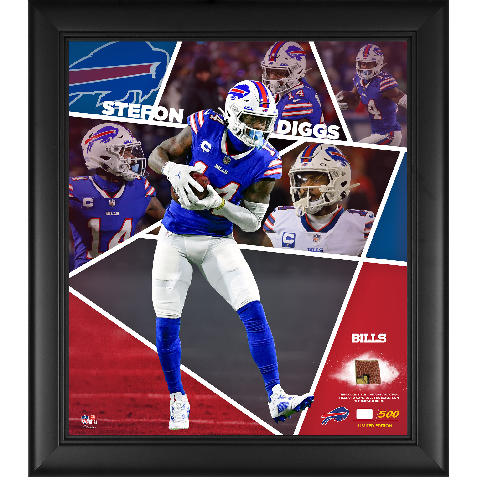 Stefon Diggs Buffalo Bills, gerahmte 15 x 17 Zoll große Collage mit Team Impact-Spielern und einem Stück eines beim Spiel verwendeten Footballs – limitierte Auflage von 500 Stück