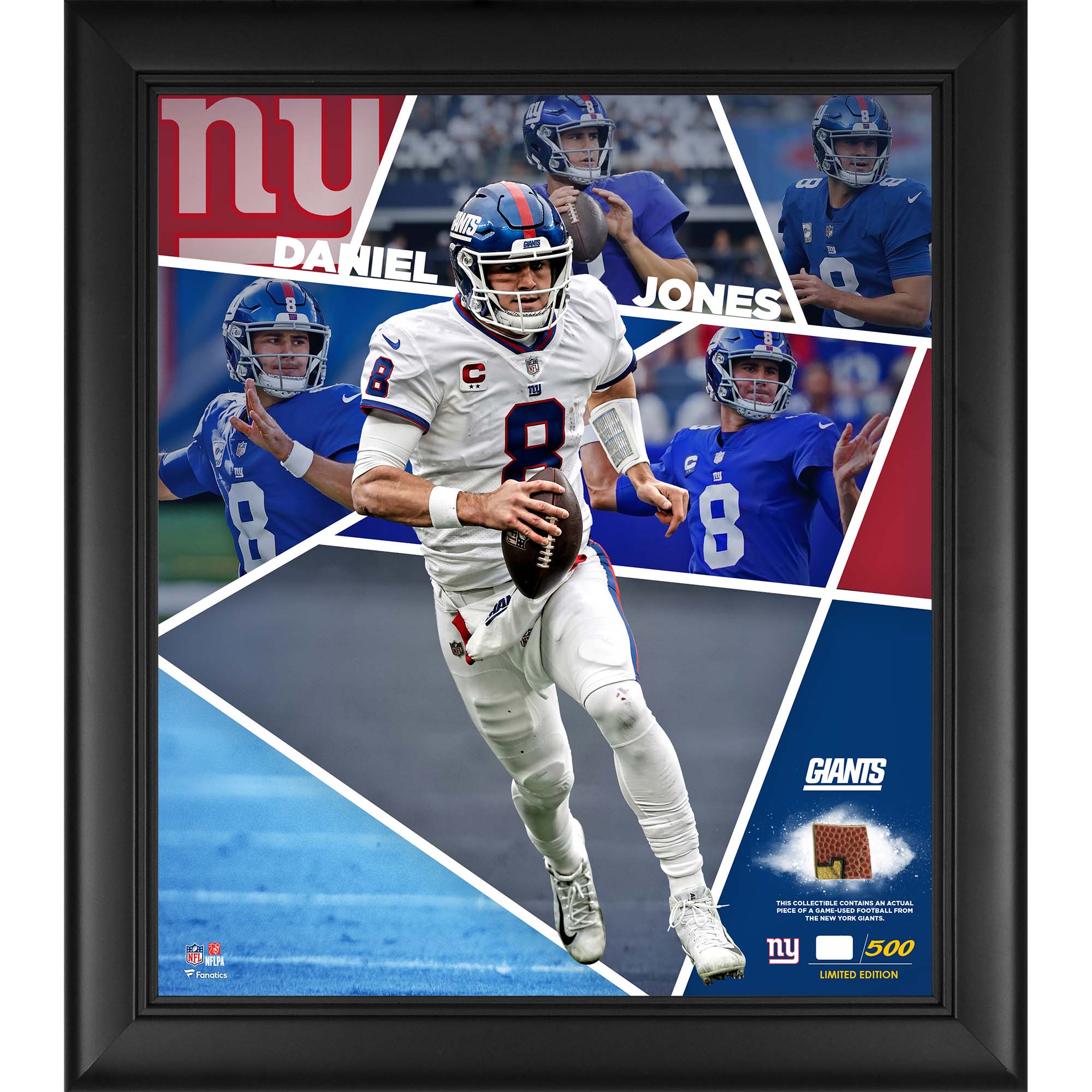 Daniel Jones New York Giants – gerahmte Collage eines Impact-Spielers, 15 x 17 Zoll, mit einem Stück eines beim Spiel verwendeten Footballs – limitierte Auflage von 500 Stück