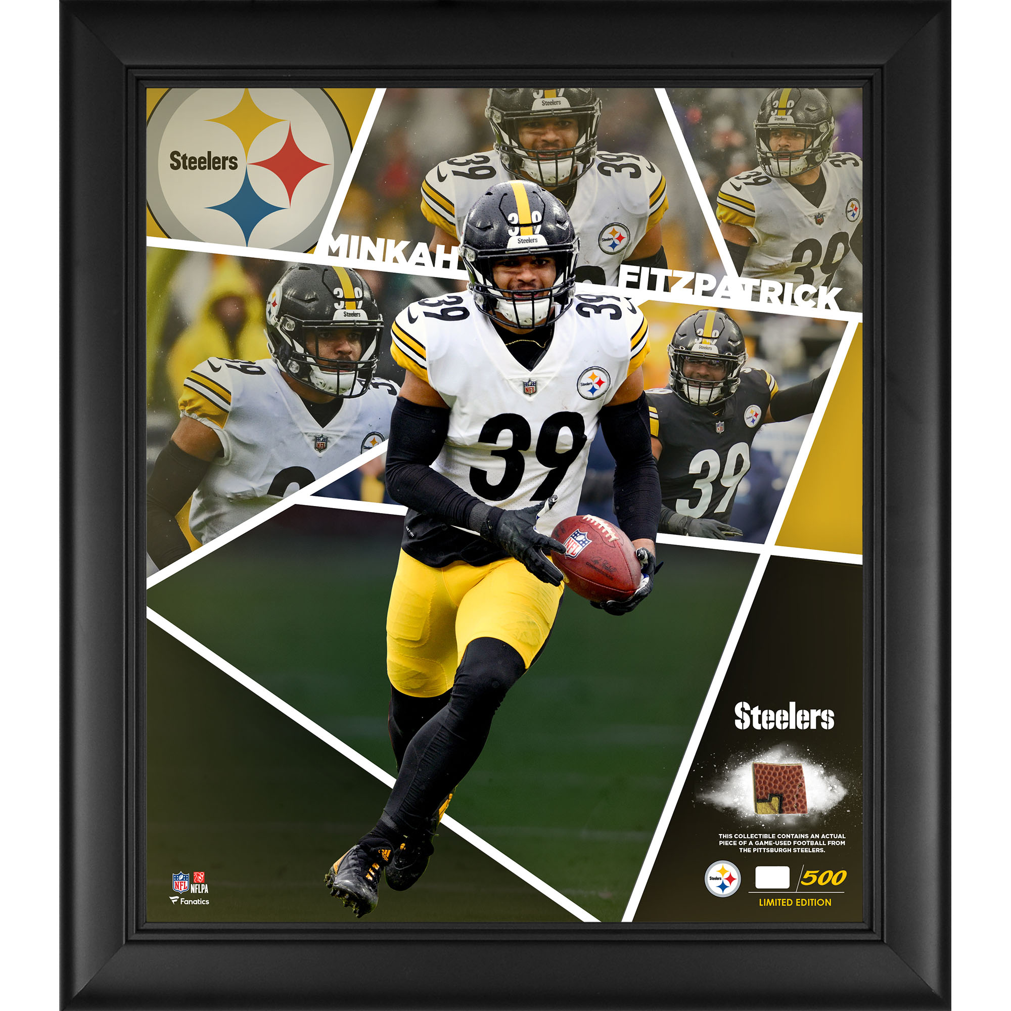 Minkah Fitzpatrick Pittsburgh Steelers, gerahmte Collage eines Impact-Spielers, 15 x 17 Zoll, mit einem Stück eines beim Spiel verwendeten Footballs – limitierte Auflage von 500 Stück