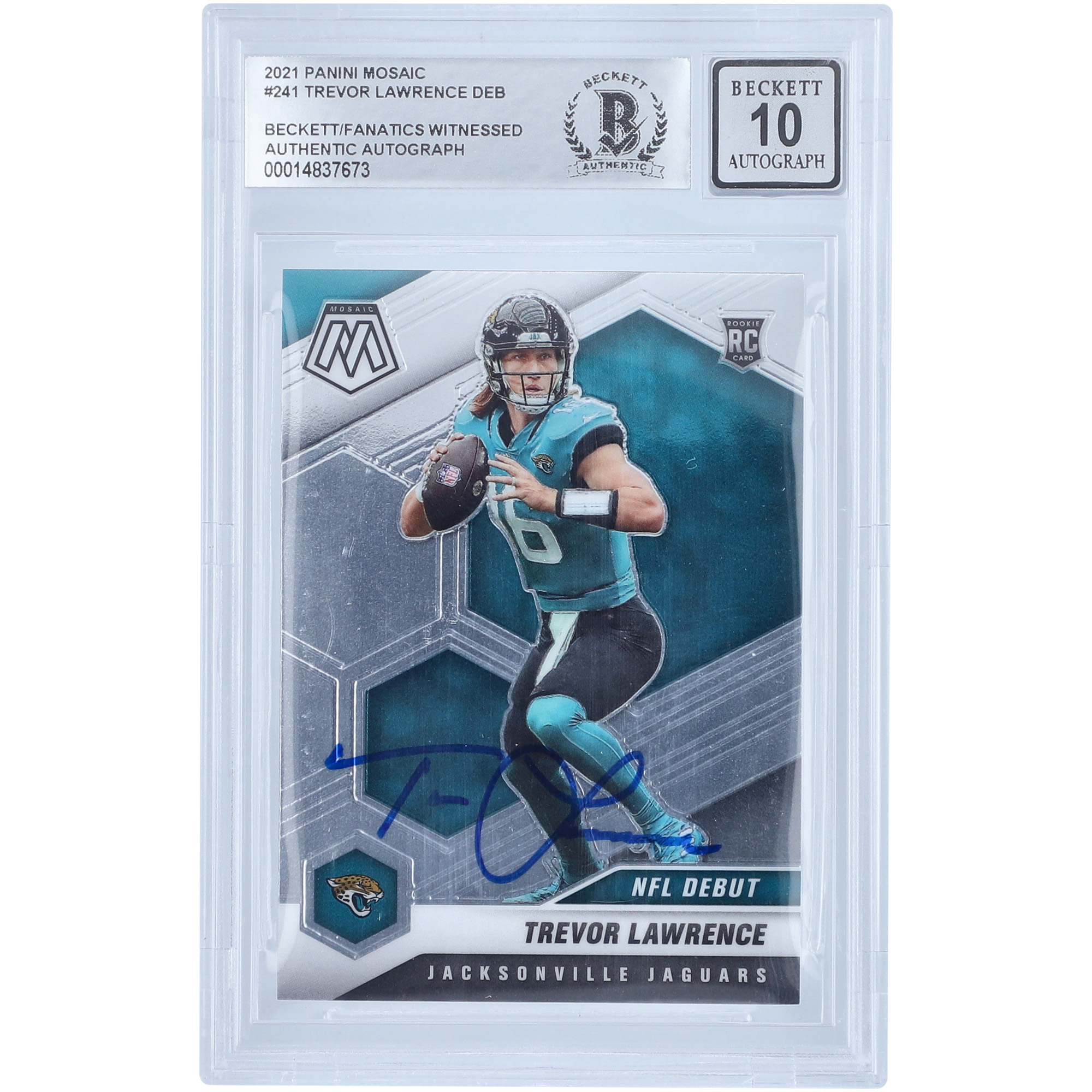 Trevor Lawrence Jacksonville Jaguars signierte 2021 Panini Mosaic NFL Debüt #241 Beckett Fanatics bezeugte authentifizierte 10 Rookie-Karte