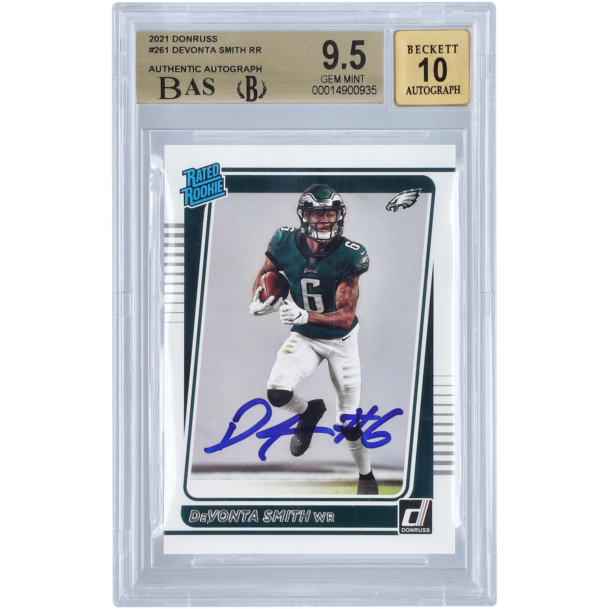 DeVonta Smith Philadelphia Eagles signierte 2021 Panini Donruss #261 BAS authentifizierte 9,5/10 Rookie-Karte – 9,5/9,5/9,5/9,5 Unterbewertungen