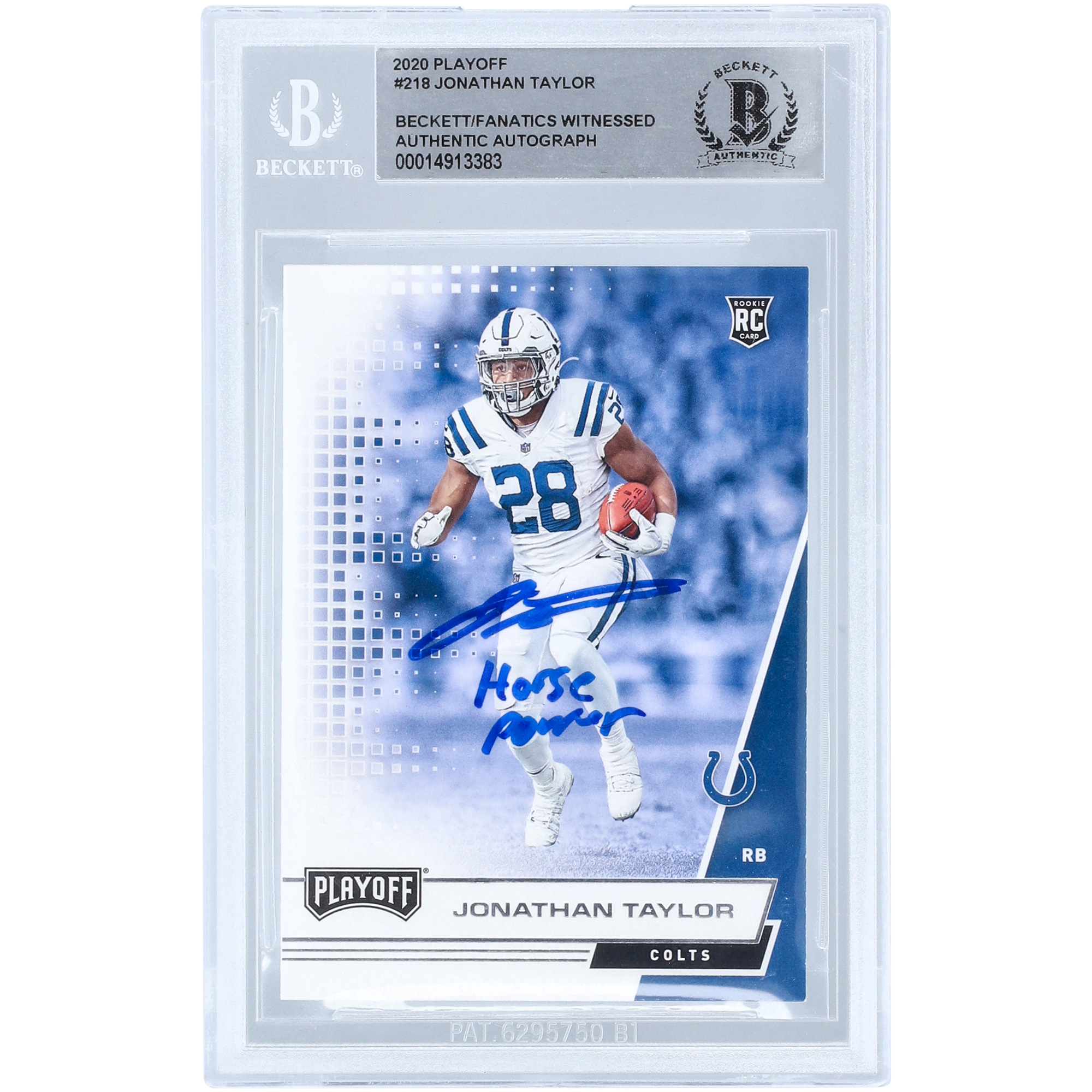 Jonathan Taylor, Indianapolis Colts, signierte 2020 Panini Playoff #218, Beckett Fanatics bezeugte authentifizierte Rookie-Karte mit „Horse Power“-Aufschrift