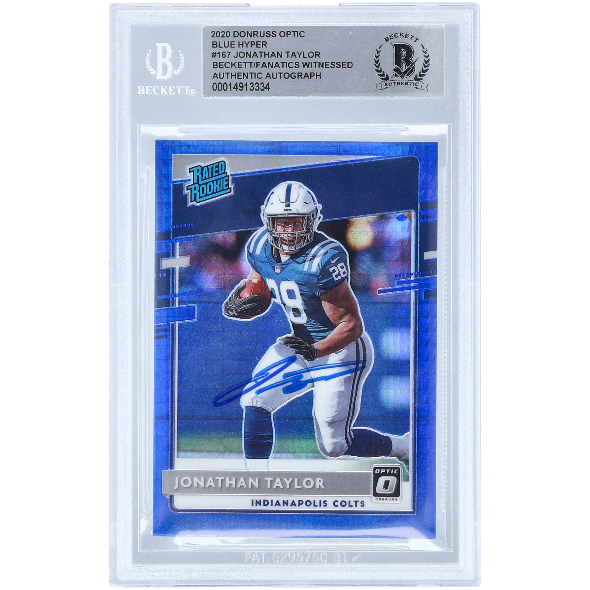 Jonathan Taylor Indianapolis Colts signierte 2020 Panini Donruss Optic Blue Hyper Prizm #167 Beckett Fanatics bezeugte authentifizierte Rookie-Karte