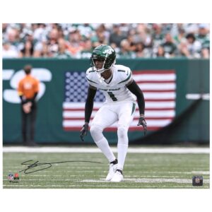 Ahmad Sauce Gardner, New York Jets, signiertes 16 x 20 Zoll großes Backpedal-Foto auf weißem Trikot