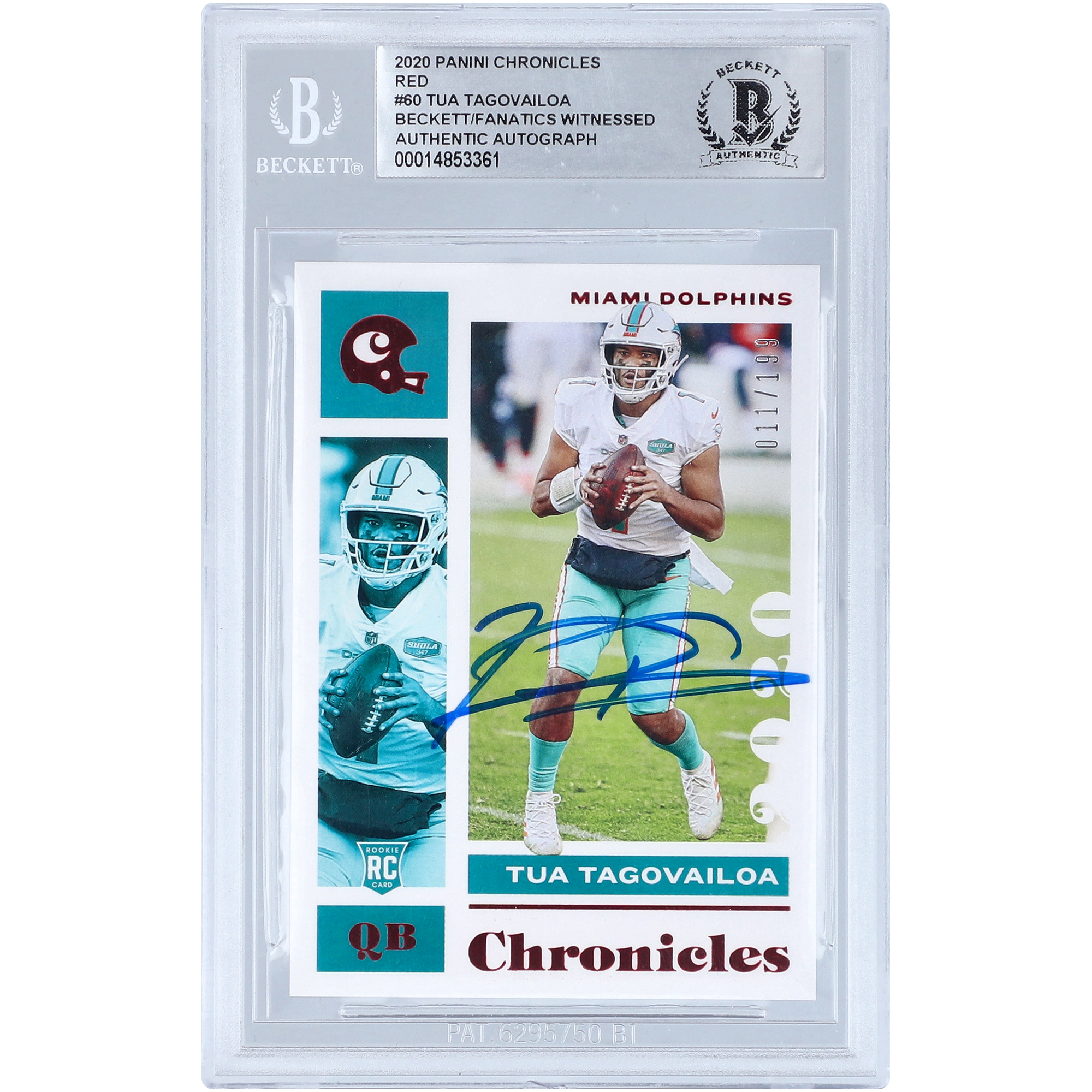 Tua Tagovailoa Miami Dolphins signierte 2020 Panini Chronicles Red Parallel #60 # 11/199 Beckett Fanatics bezeugte authentifizierte Rookie-Karte