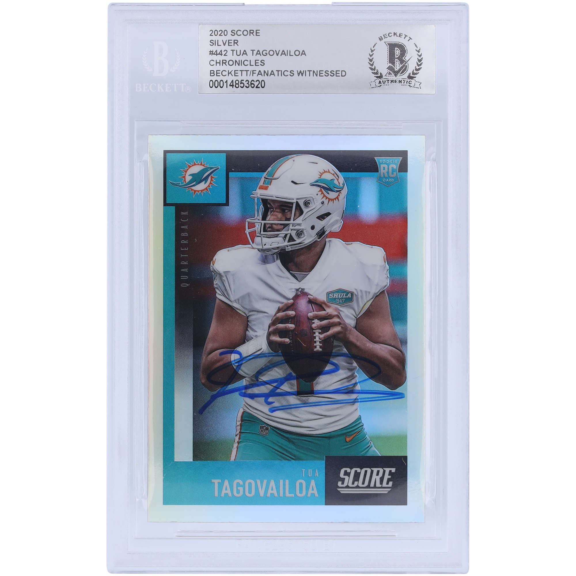 Tua Tagovailoa Miami Dolphins signierte 2020 Panini Score Silber #442 Beckett Fanatics bezeugte authentifizierte Rookie-Karte