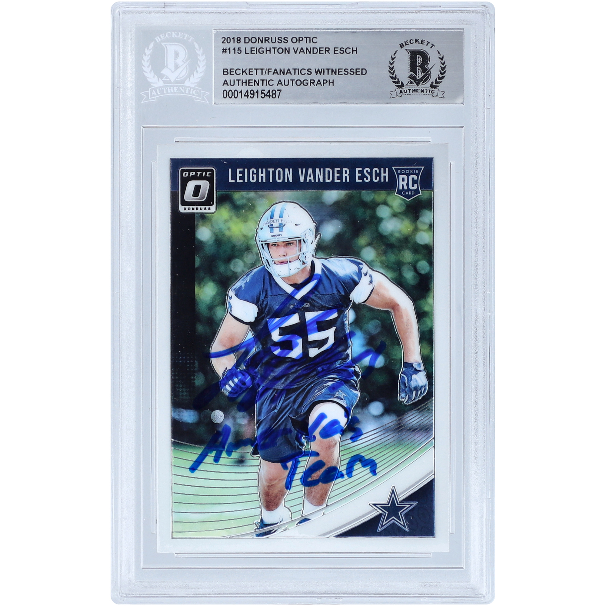 Leighton Vander Esch Dallas Cowboys signierte 2018 Panini Donruss Optic #115 Beckett Fanatics bezeugte authentifizierte Rookie-Karte mit „America’s Team“-Inschrift