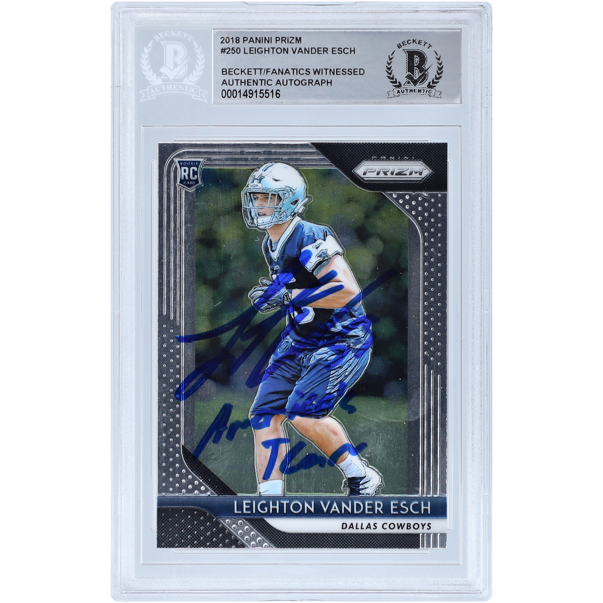 Leighton Vander Esch Dallas Cowboys signierte 2018 Panini Prizm #250 Beckett Fanatics bezeugte authentifizierte Rookie-Karte mit „America’s Team“-Inschrift