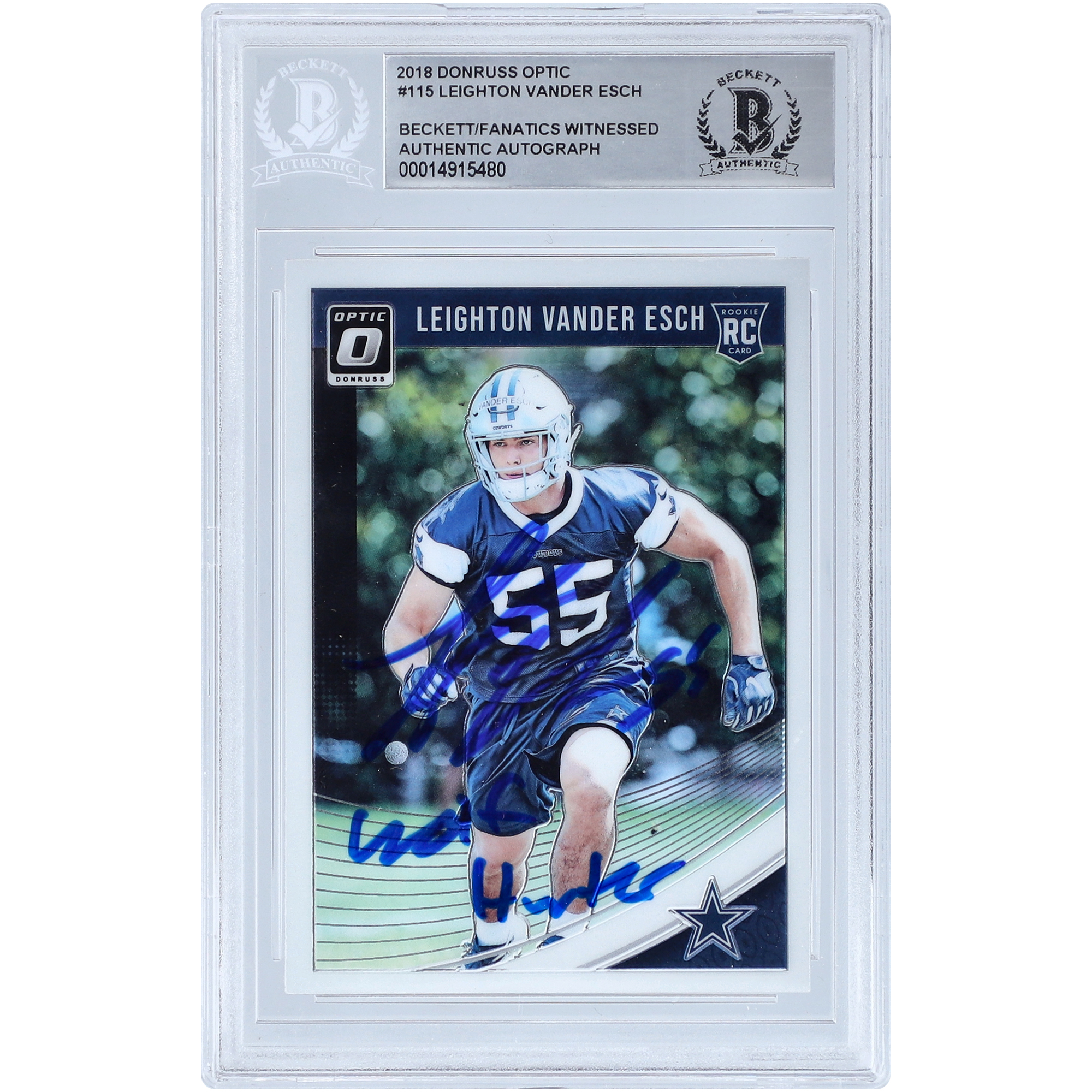 Leighton Vander Esch Dallas Cowboys signierte 2018 Panini Donruss Optic #115 Beckett Fanatics bezeugte authentifizierte Rookie-Karte mit „Wolf Hunter“-Inschrift