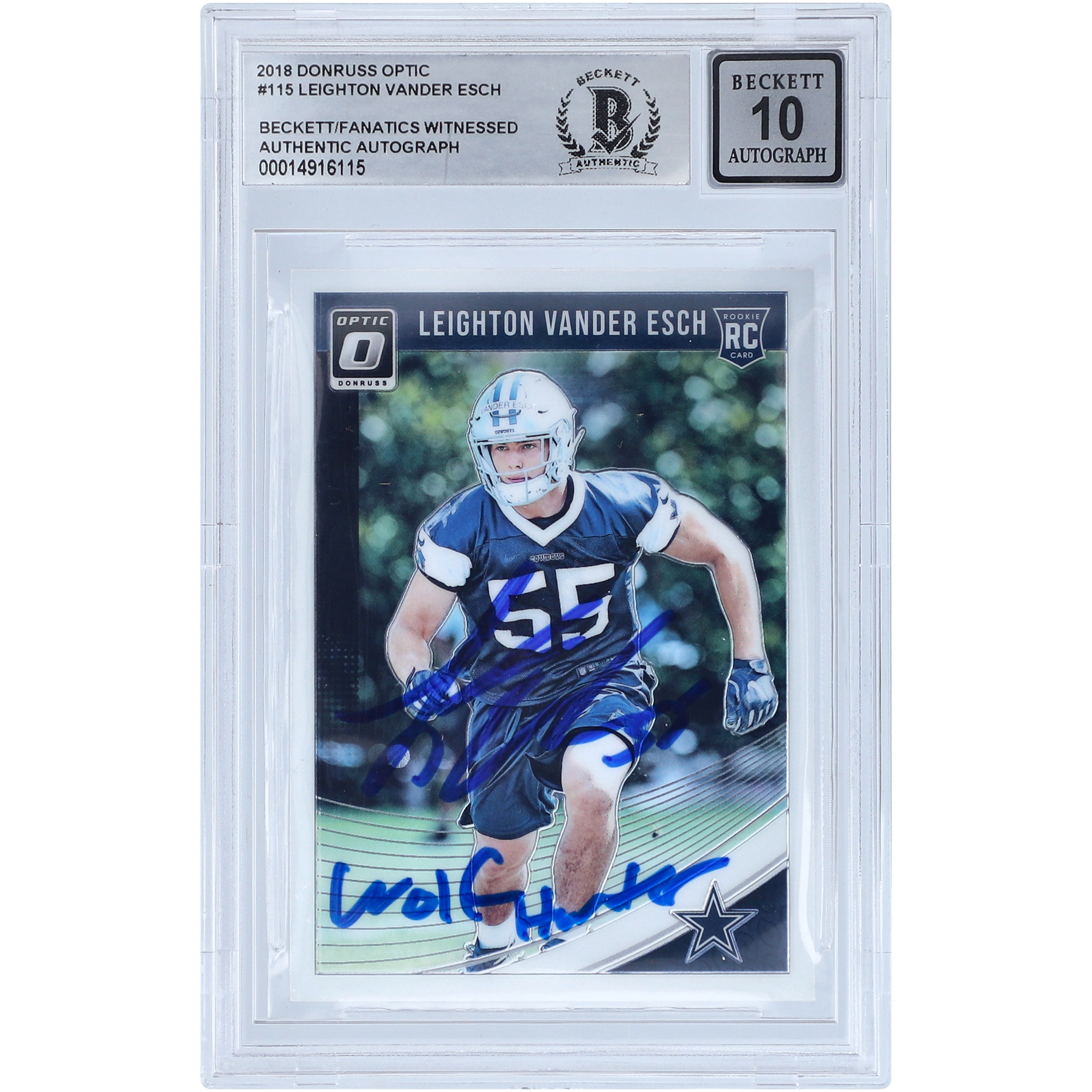 Leighton Vander Esch Dallas Cowboys signierte 2018 Panini Donruss Optic #115 Beckett Fanatics bezeugte authentifizierte 10 Rookie-Karte mit „Wolf Hunter“-Inschrift