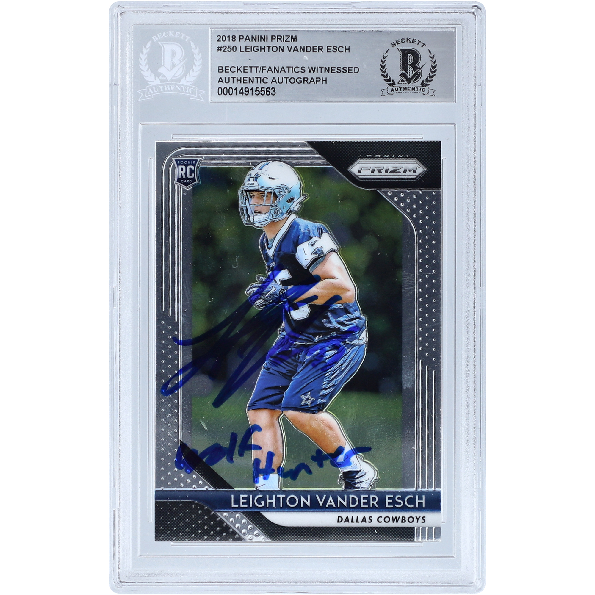 Leighton Vander Esch Dallas Cowboys signierte 2018 Panini Prizm #250 Beckett Fanatics bezeugte authentifizierte Rookie-Karte mit „Wolf Hunter“-Inschrift