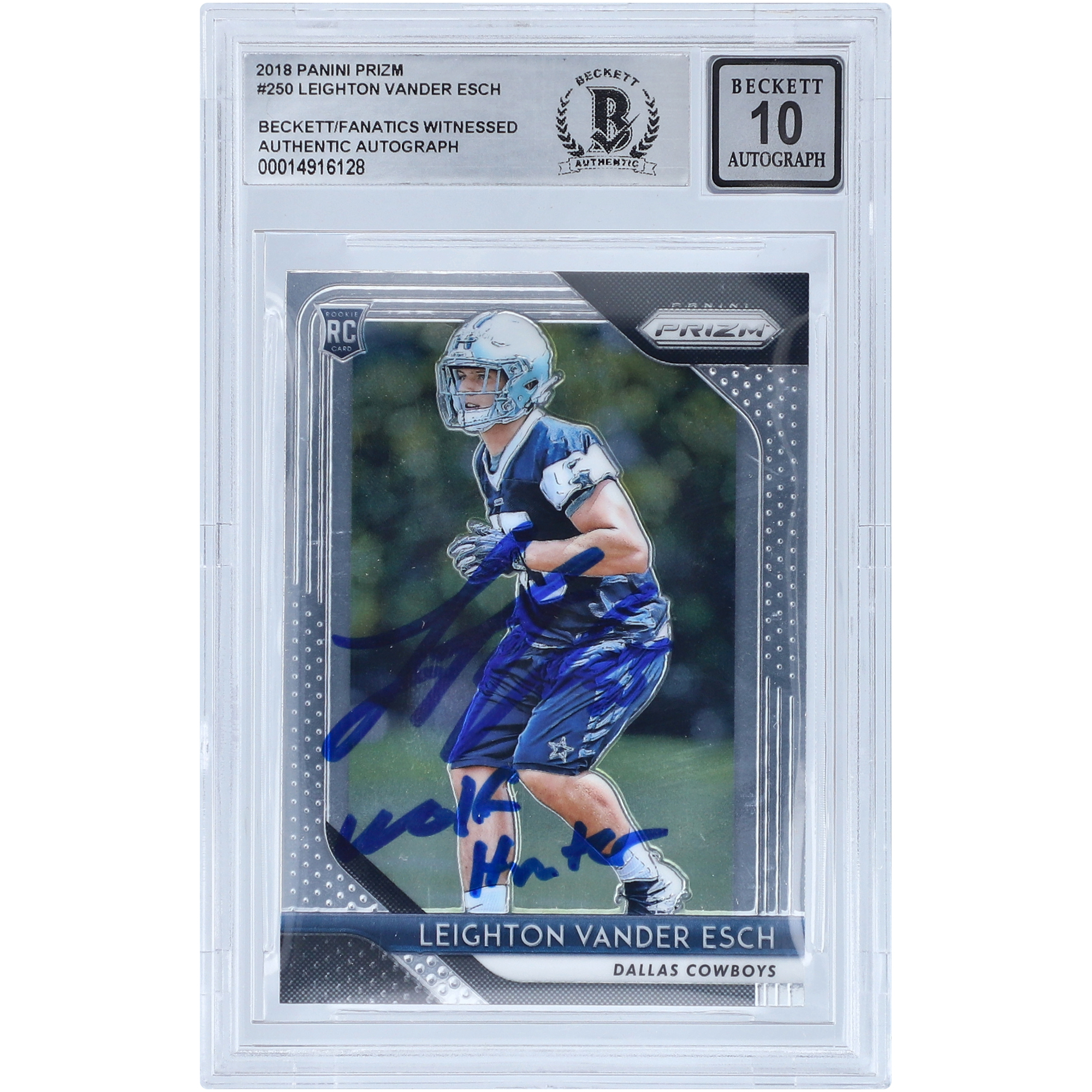 Leighton Vander Esch Dallas Cowboys signierte 2018 Panini Prizm #250 Beckett Fanatics bezeugte authentifizierte 10 Rookie-Karte mit „Wolf Hunter“-Inschrift