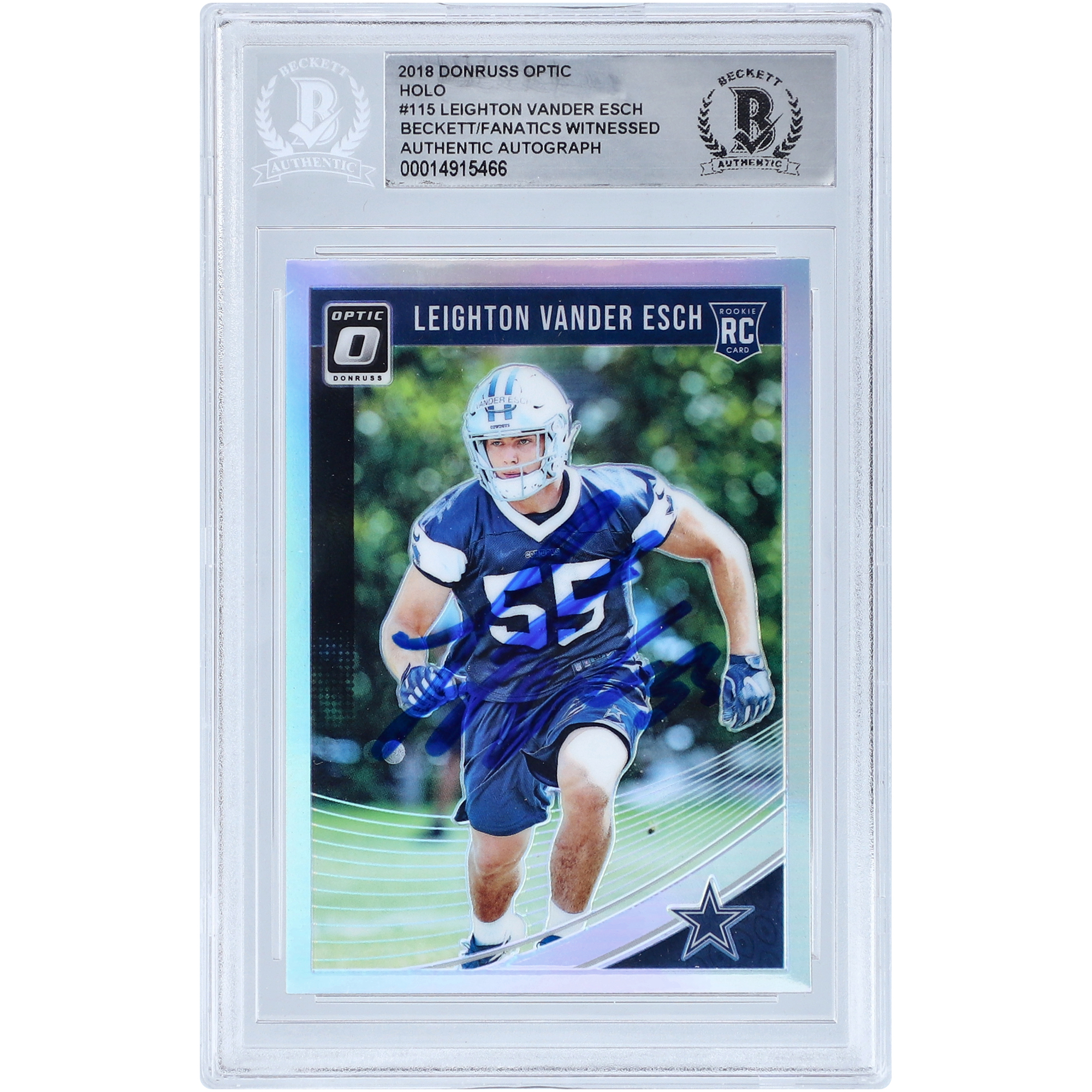 Leighton Vander Esch Dallas Cowboys signierte 2018 Panini Donruss Optic Holo Prizm #115 Beckett Fanatics bezeugte authentifizierte Rookie-Karte