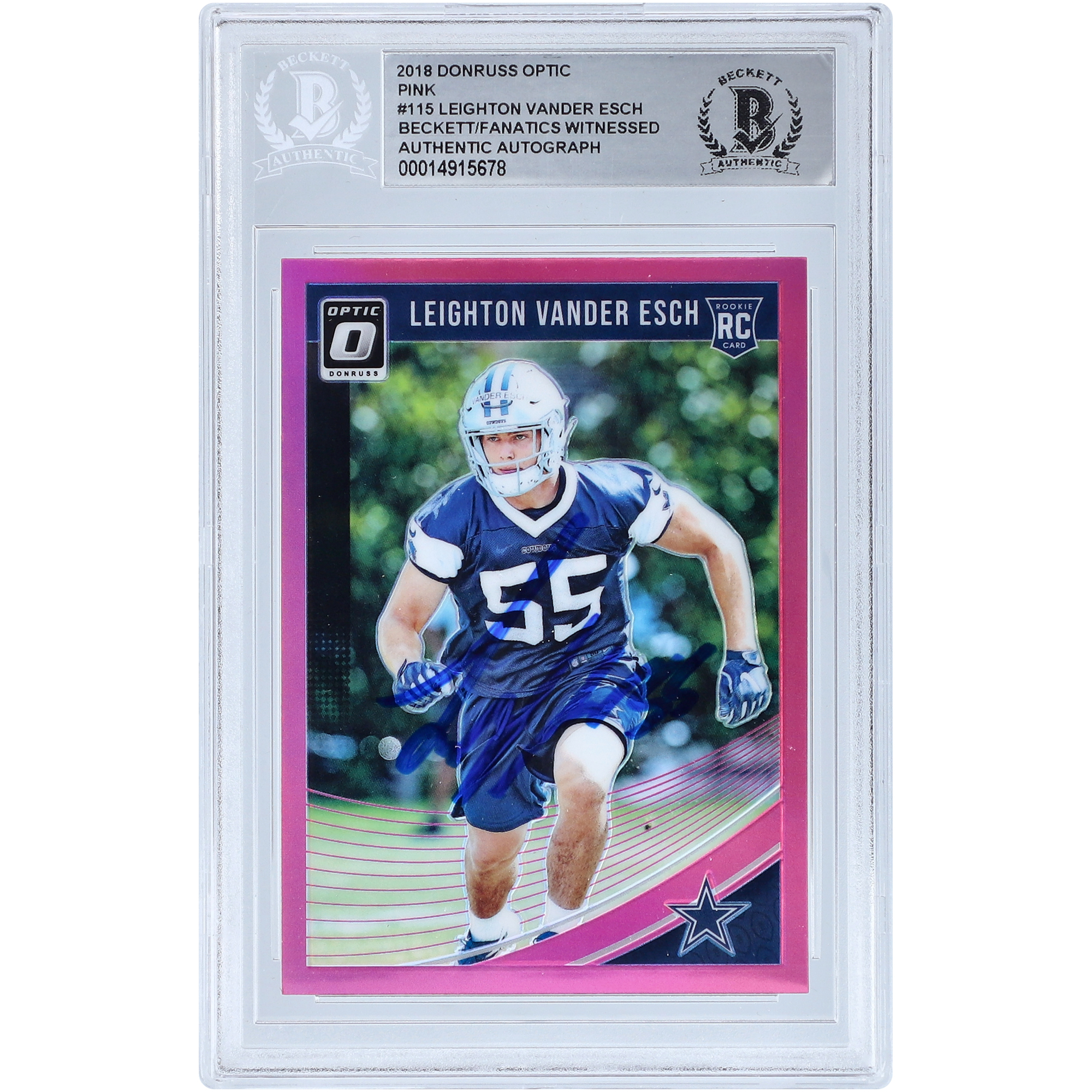 Leighton Vander Esch Dallas Cowboys signierte 2018 Panini Donruss Optic Pink Prizm #115 Beckett Fanatics bezeugte authentifizierte Rookie-Karte