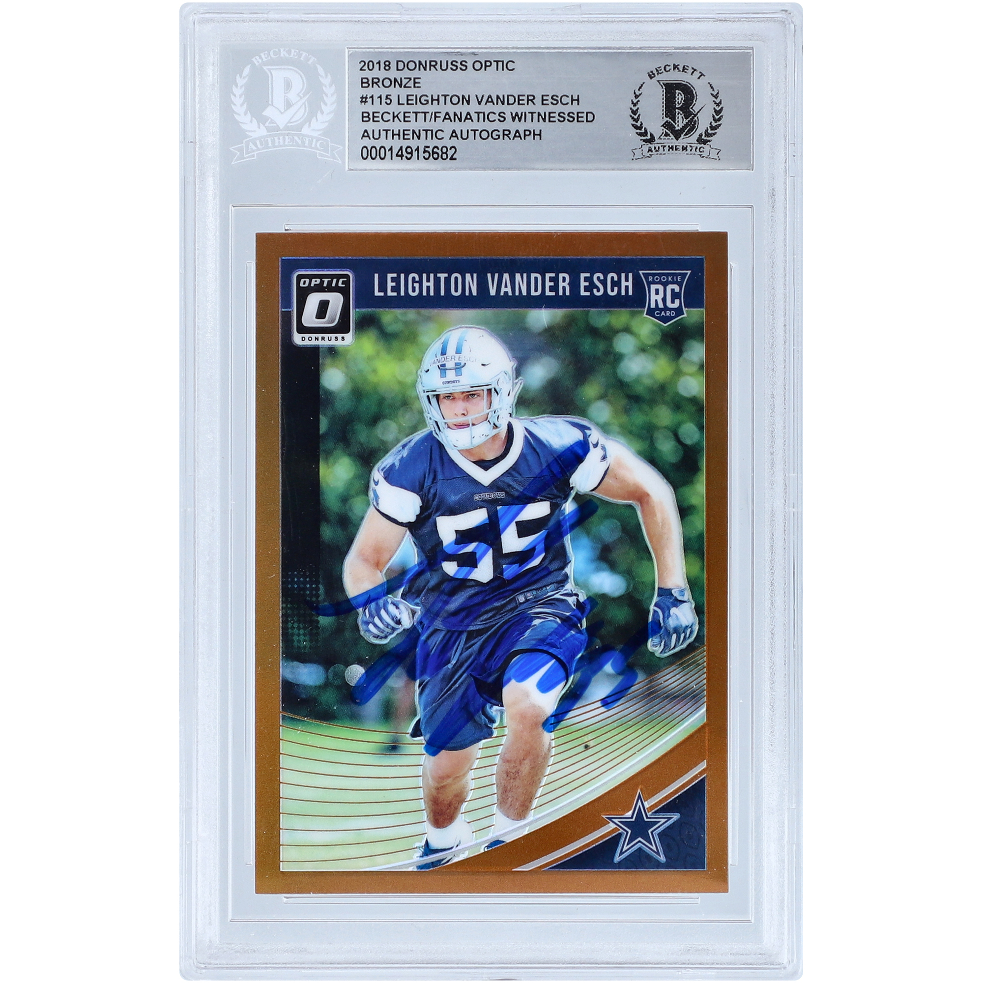 Leighton Vander Esch Dallas Cowboys signierte 2018 Panini Donruss Optic Bronze Prizm #115 Beckett Fanatics bezeugte authentifizierte Rookie-Karte