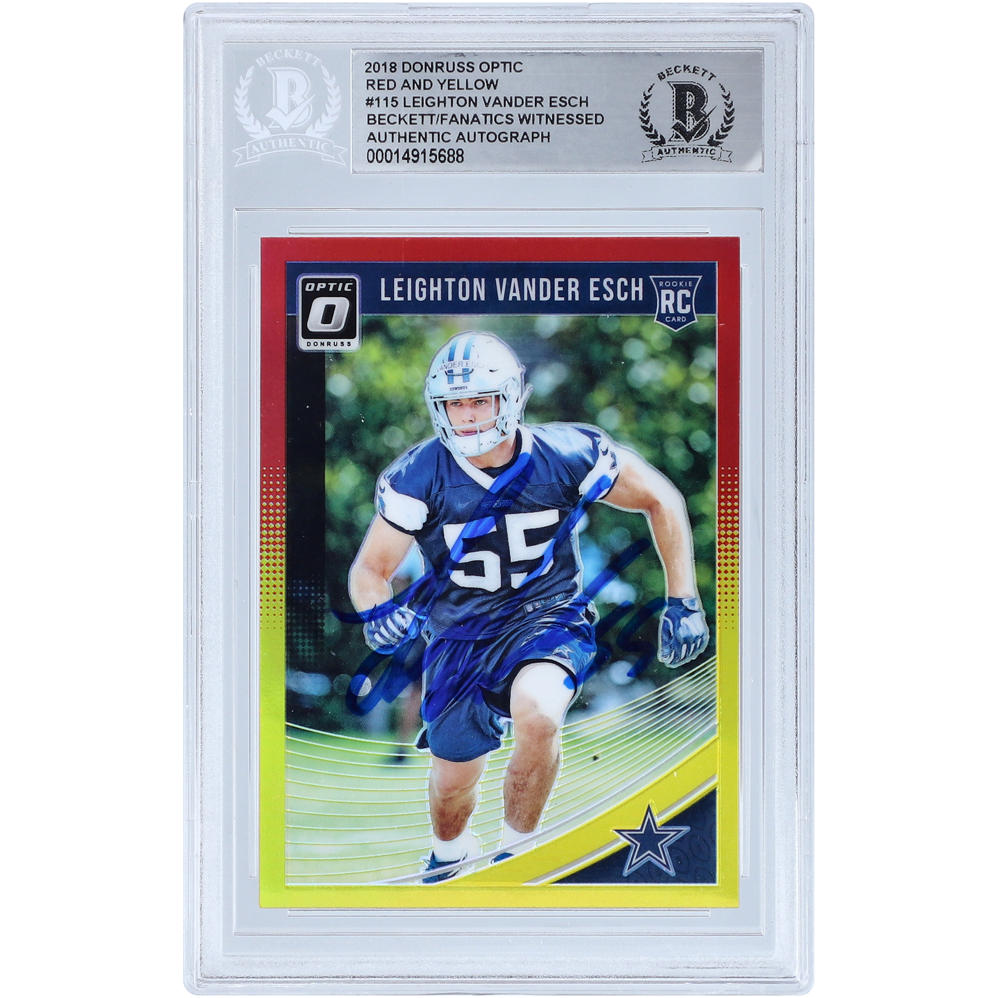 Leighton Vander Esch Dallas Cowboys signierte 2018 Panini Donruss Optic Red Yellow Prizm #115 Beckett Fanatics bezeugte authentifizierte Rookie-Karte