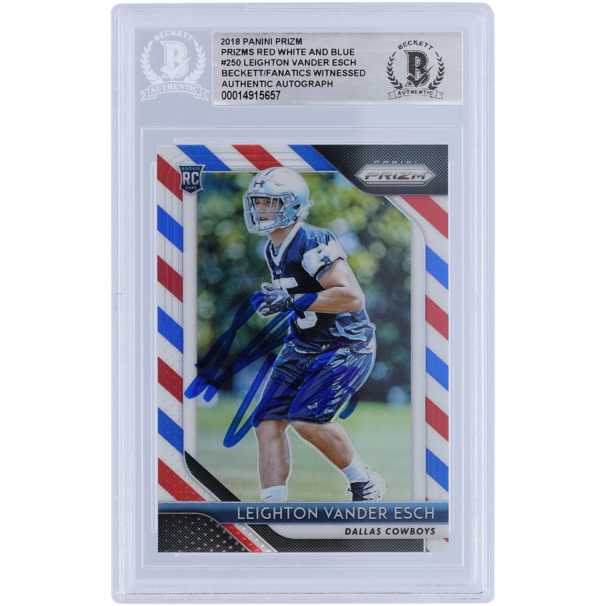 Leighton Vander Esch Dallas Cowboys signierte 2018 Panini Prizm Rot Weiß und Blau #250 Beckett Fanatics bezeugte authentifizierte Rookie-Karte