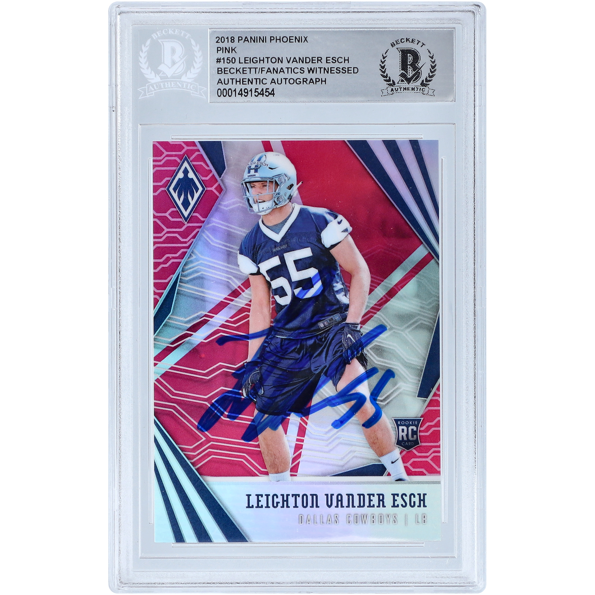 Leighton Vander Esch Dallas Cowboys signierte 2018 Panini Phoenix Pink #150 #122/199 Beckett Fanatics bezeugte authentifizierte Rookie-Karte