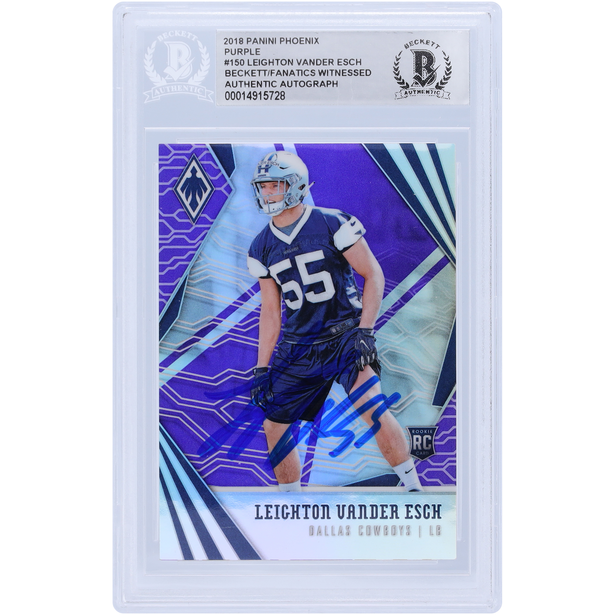 Leighton Vander Esch Dallas Cowboys signierte 2018 Panini Phoenix Purple #150 #149/149 Beckett Fanatics bezeugte authentifizierte Rookie-Karte