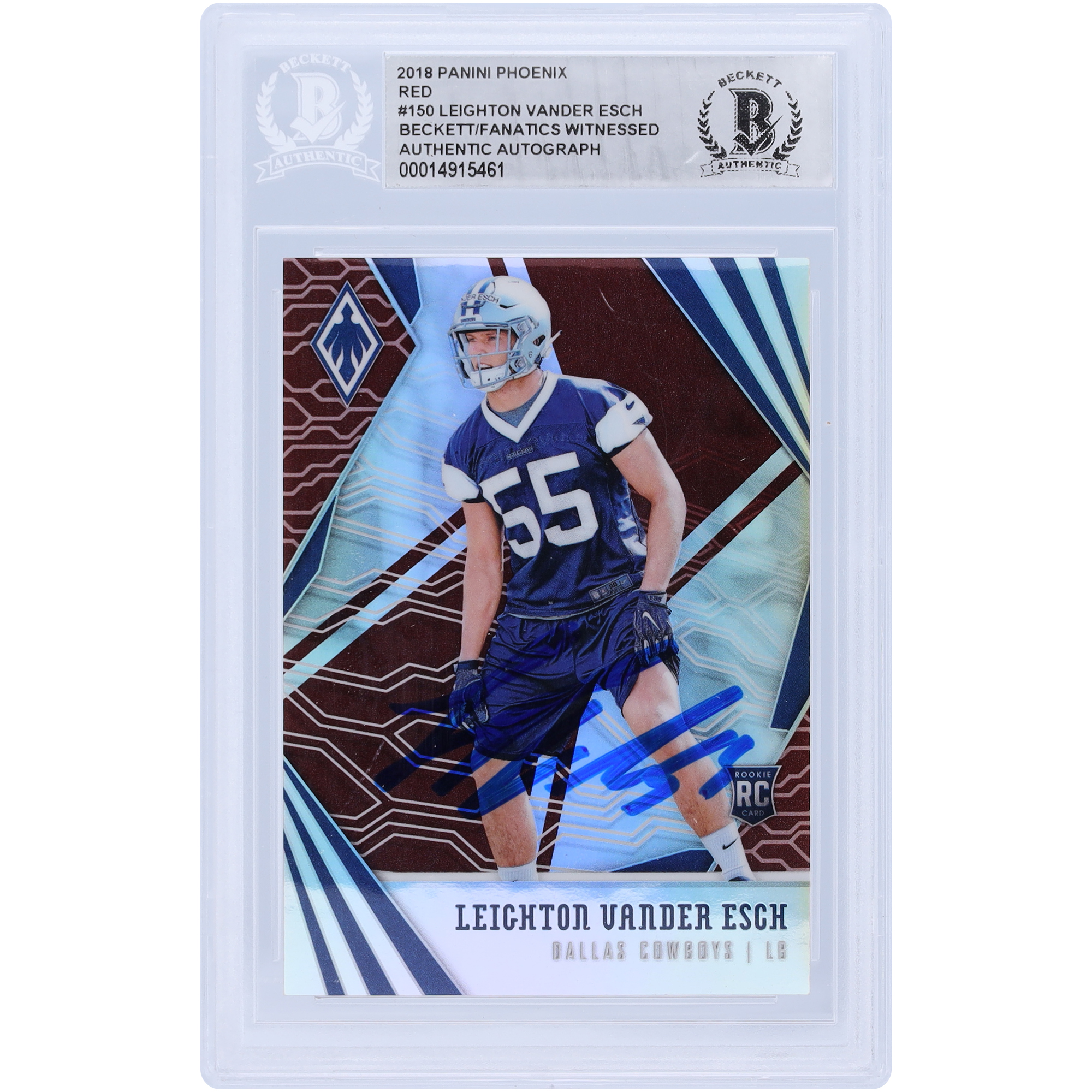 Leighton Vander Esch Dallas Cowboys signierte 2018 Panini Phoenix Red #150 #259/299 Beckett Fanatics bezeugte authentifizierte Rookie-Karte