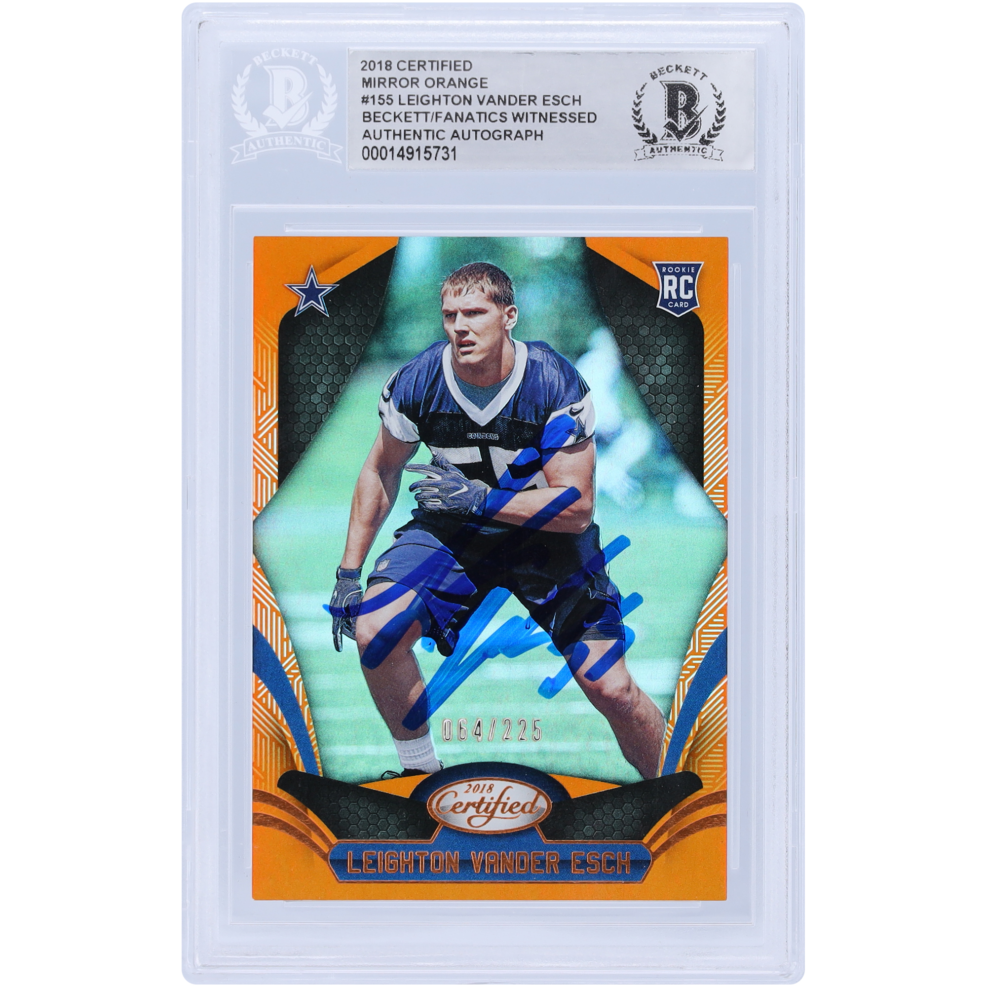 Leighton Vander Esch Dallas Cowboys signierte 2018 Panini zertifizierte Mirror Orange #155 #64/225 Beckett Fanatics bezeugte authentifizierte Rookie-Karte