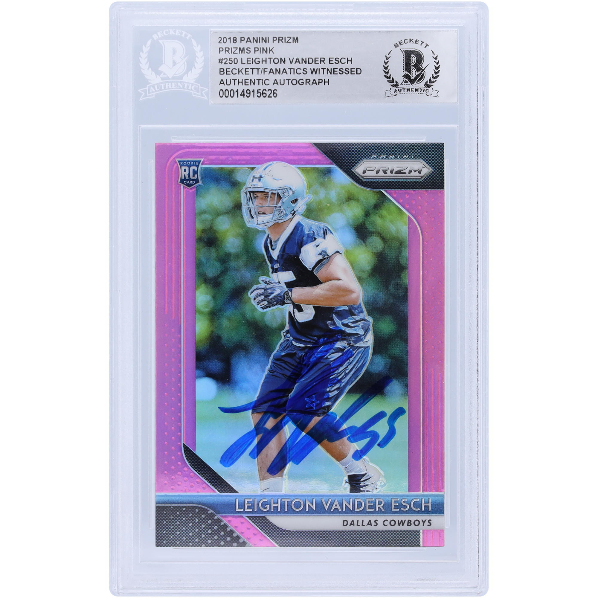 Leighton Vander Esch Dallas Cowboys signierte 2018 Panini Prizm Pink #250 Beckett Fanatics bezeugte authentifizierte Rookie-Karte