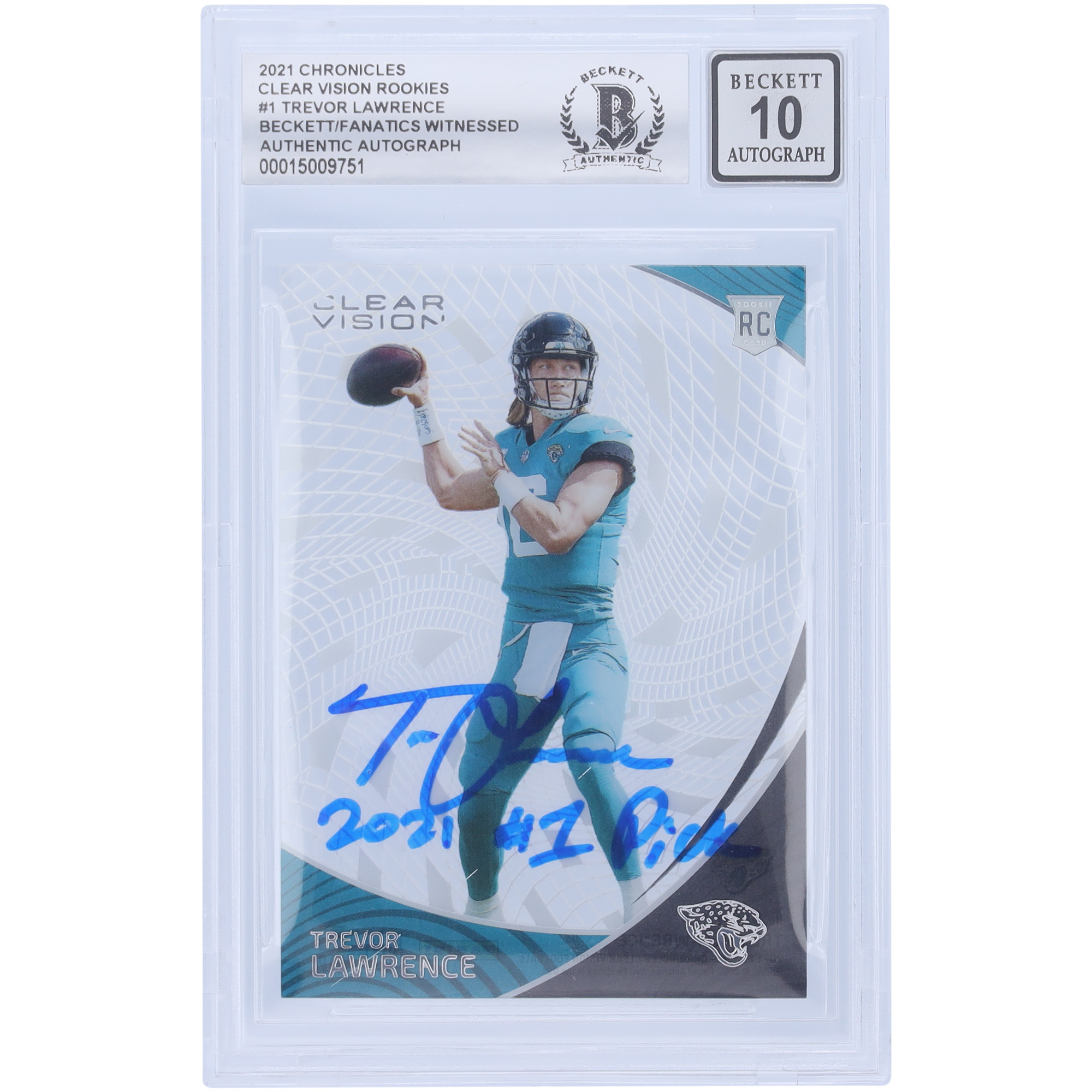 Trevor Lawrence Jacksonville Jaguars signierte 2021 Panini Chronicles Clear Vision #CVR-1 Beckett Fanatics bezeugte authentifizierte 10 Rookie-Karte mit der Aufschrift „2021 #1 Pick“