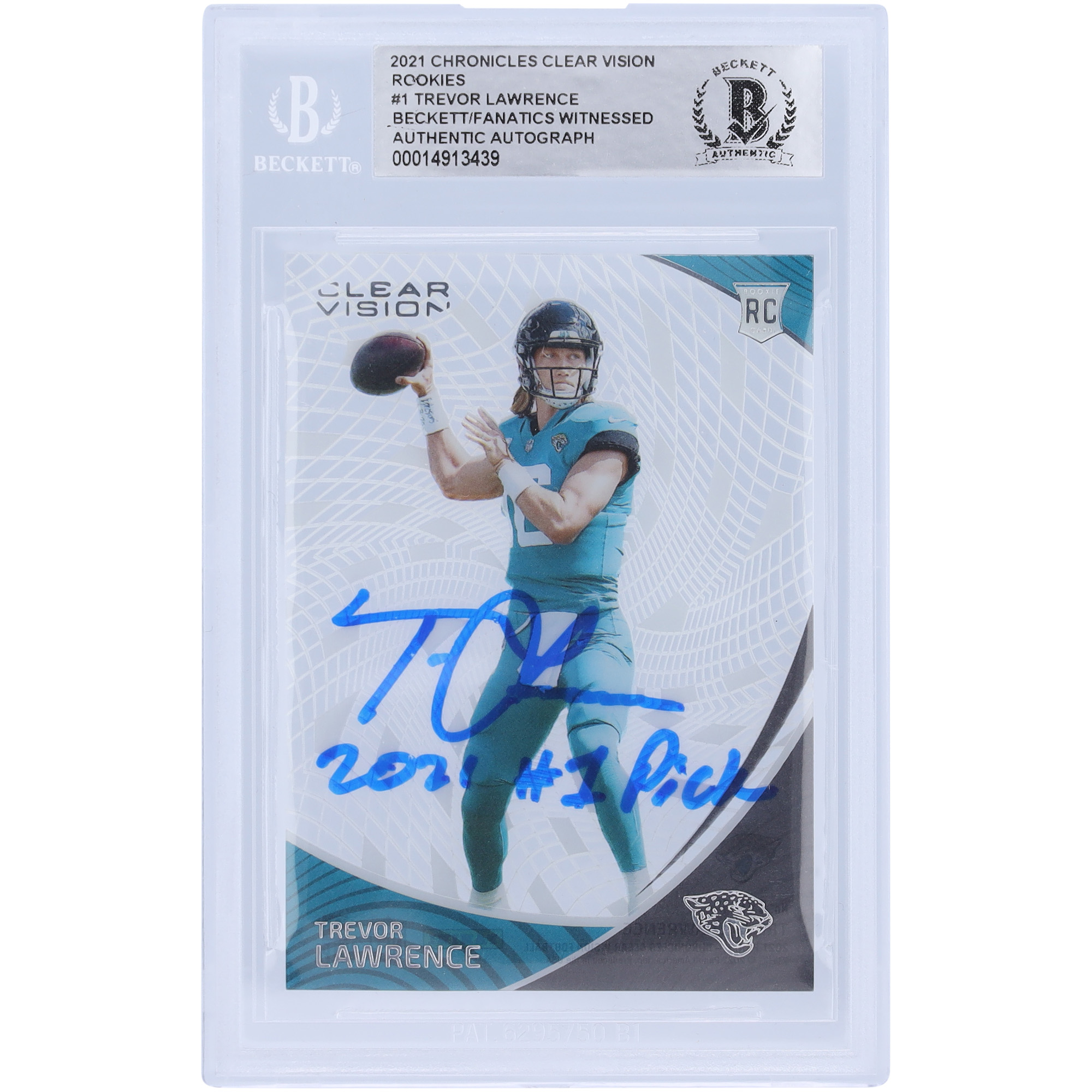 Trevor Lawrence Jacksonville Jaguars signierte 2021 Panini Chronicles Clear Vision #CVR-1 Beckett Fanatics bezeugte authentifizierte Rookie-Karte mit der Aufschrift „2021 #1 Pick“