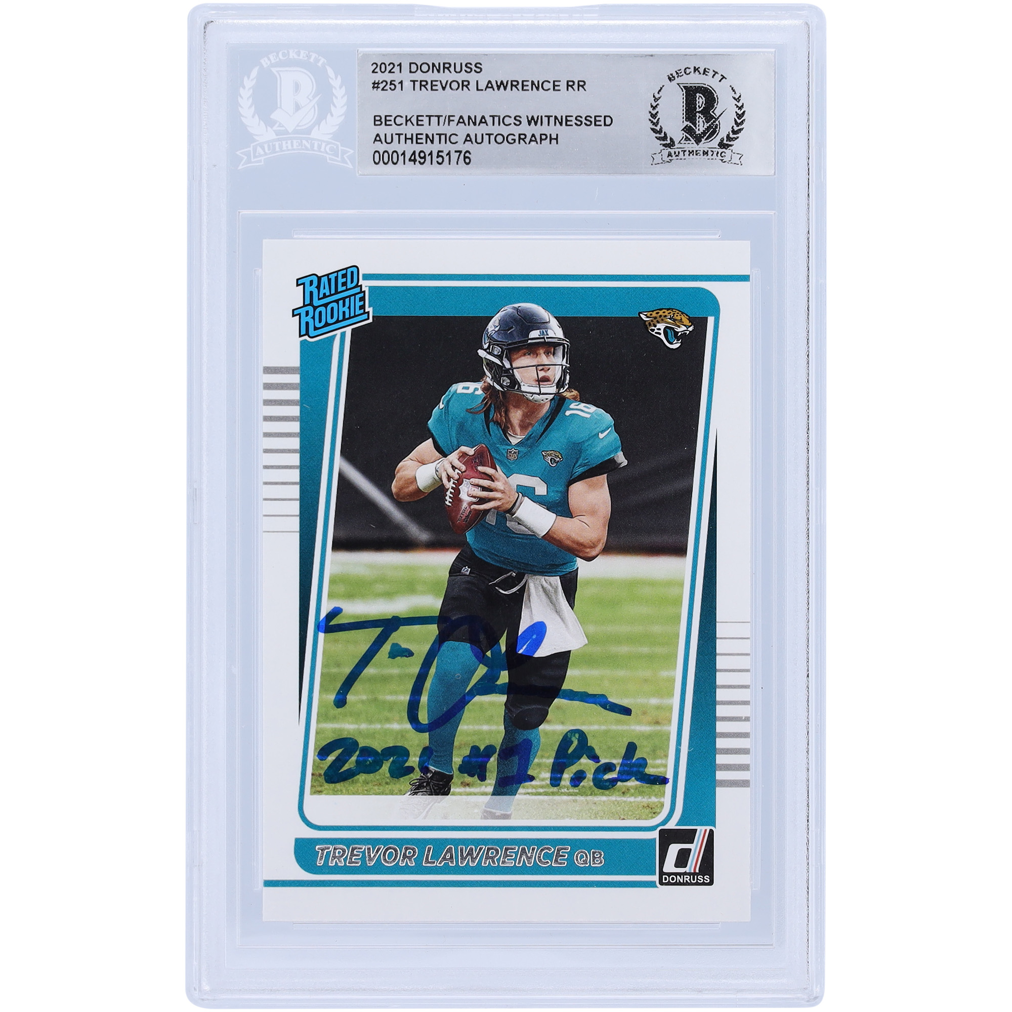 Trevor Lawrence Jacksonville Jaguars signierte 2021 Panini Donruss bewertete Rookie #251 Beckett Fanatics bezeugte authentifizierte Rookie-Karte mit der Aufschrift „2021 #1 Pick“