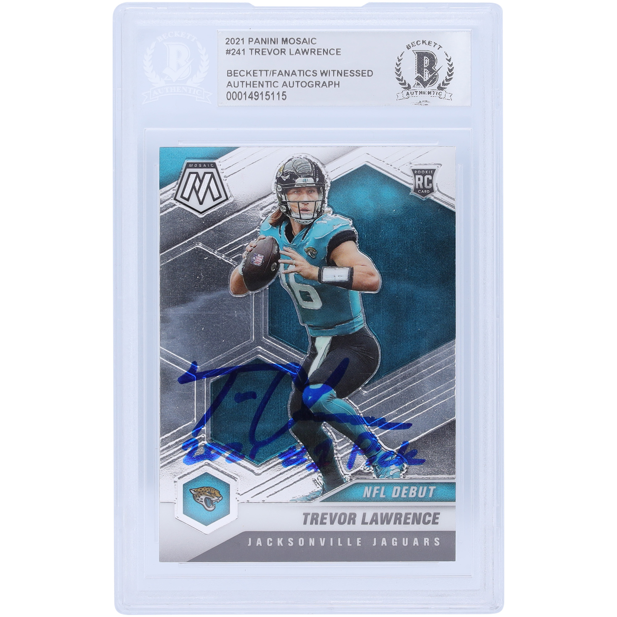 Trevor Lawrence Jacksonville Jaguars signierte 2021 Panini Mosaic NFL Debüt #241 Beckett Fanatics bezeugte authentifizierte Rookie-Karte mit der Aufschrift „2021 #1 Pick“