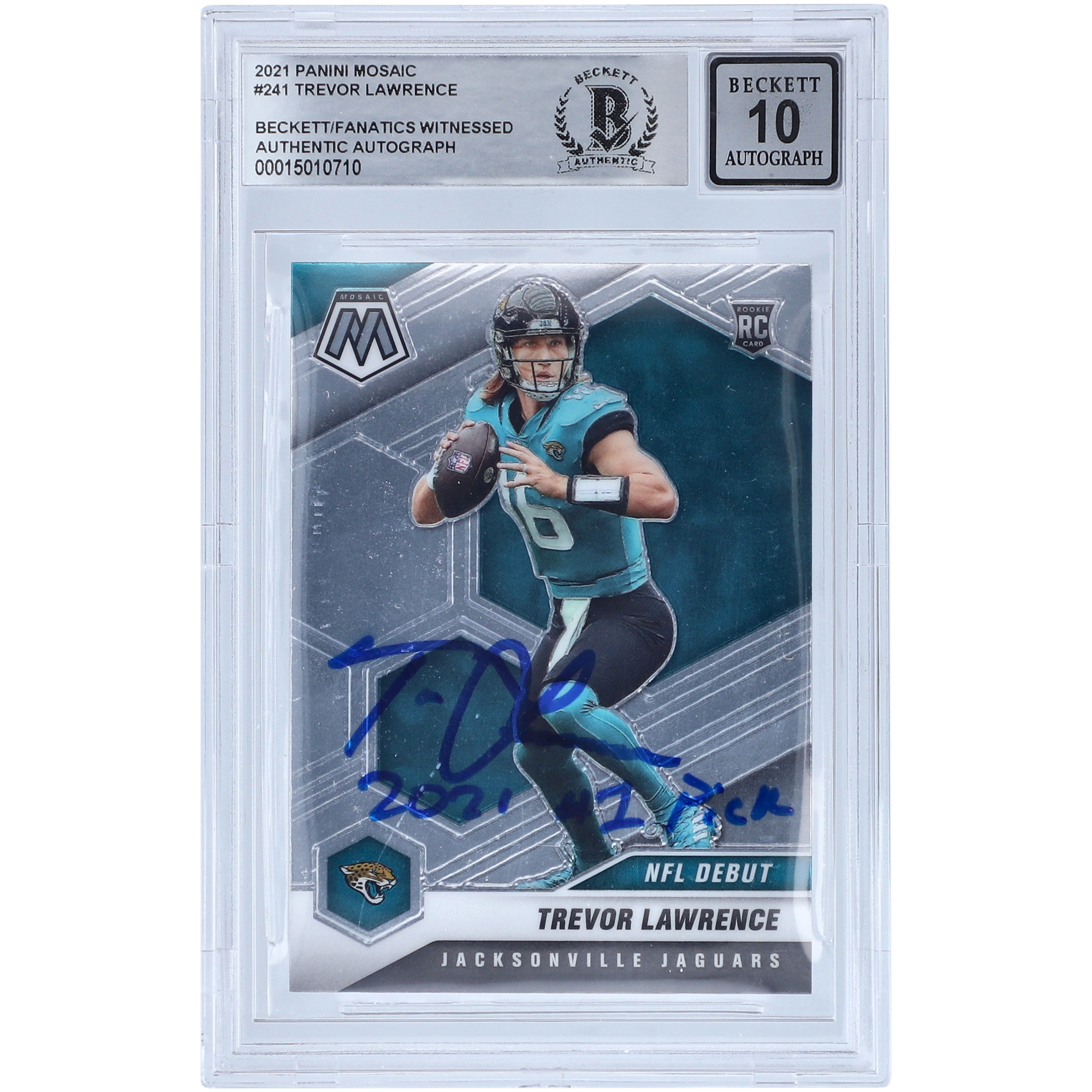 Trevor Lawrence Jacksonville Jaguars signierte 2021 Panini Mosaic NFL Debüt #241 Beckett Fanatics bezeugte authentifizierte 10 Rookie-Karte mit „2021 #1 Pick“ Inschrift