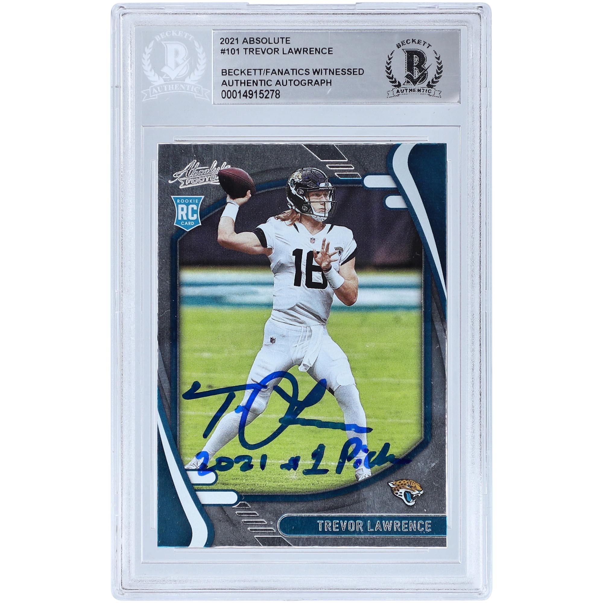 Trevor Lawrence Jacksonville Jaguars signierte 2021 Panini Absolute #101 Beckett Fanatics bezeugte authentifizierte Rookie-Karte mit der Aufschrift „2021 #1 Pick“