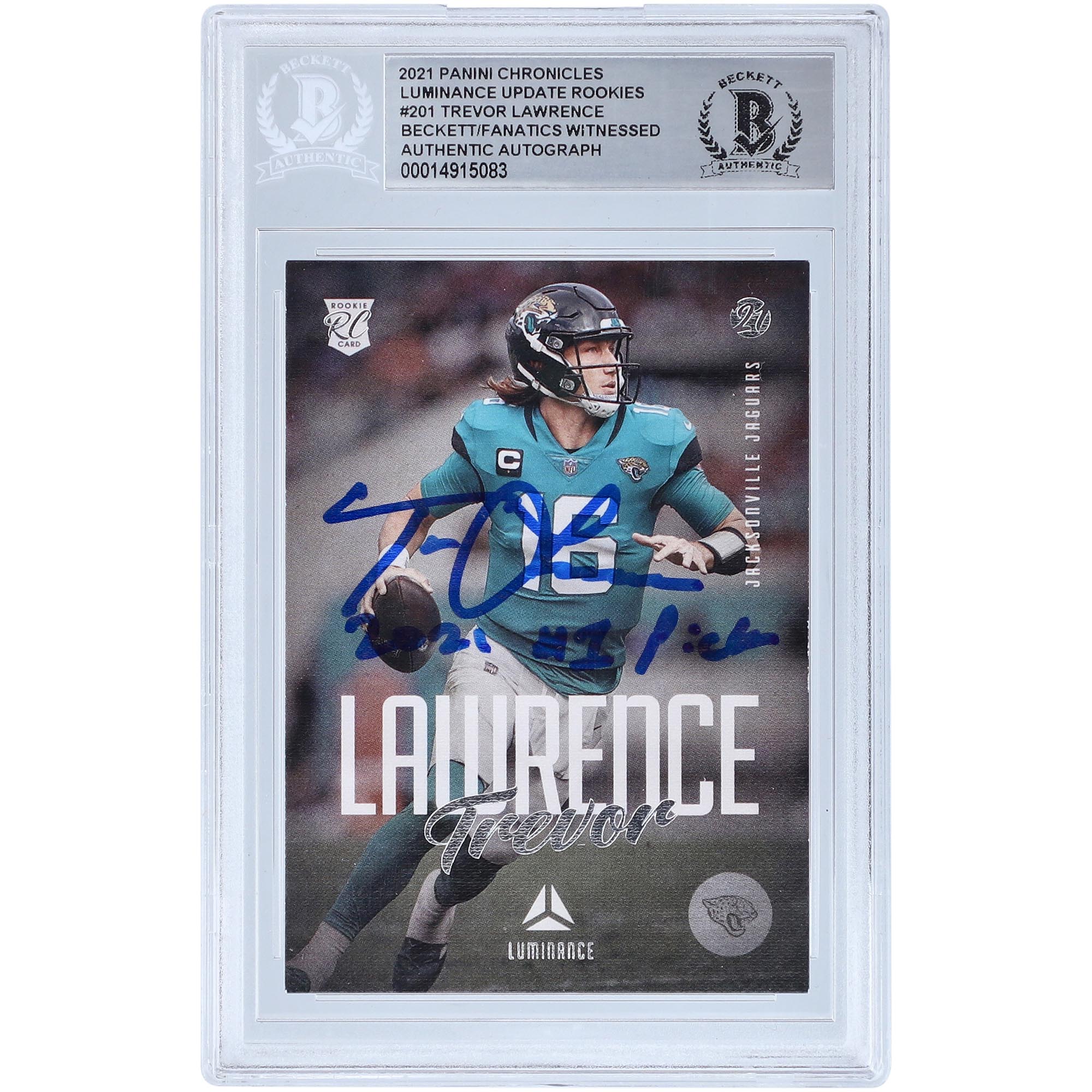 Trevor Lawrence Jacksonville Jaguars signierte 2021 Panini Chronicles Luminance #201 Beckett Fanatics bezeugte authentifizierte Rookie-Karte mit der Aufschrift „2021 #1 Pick“