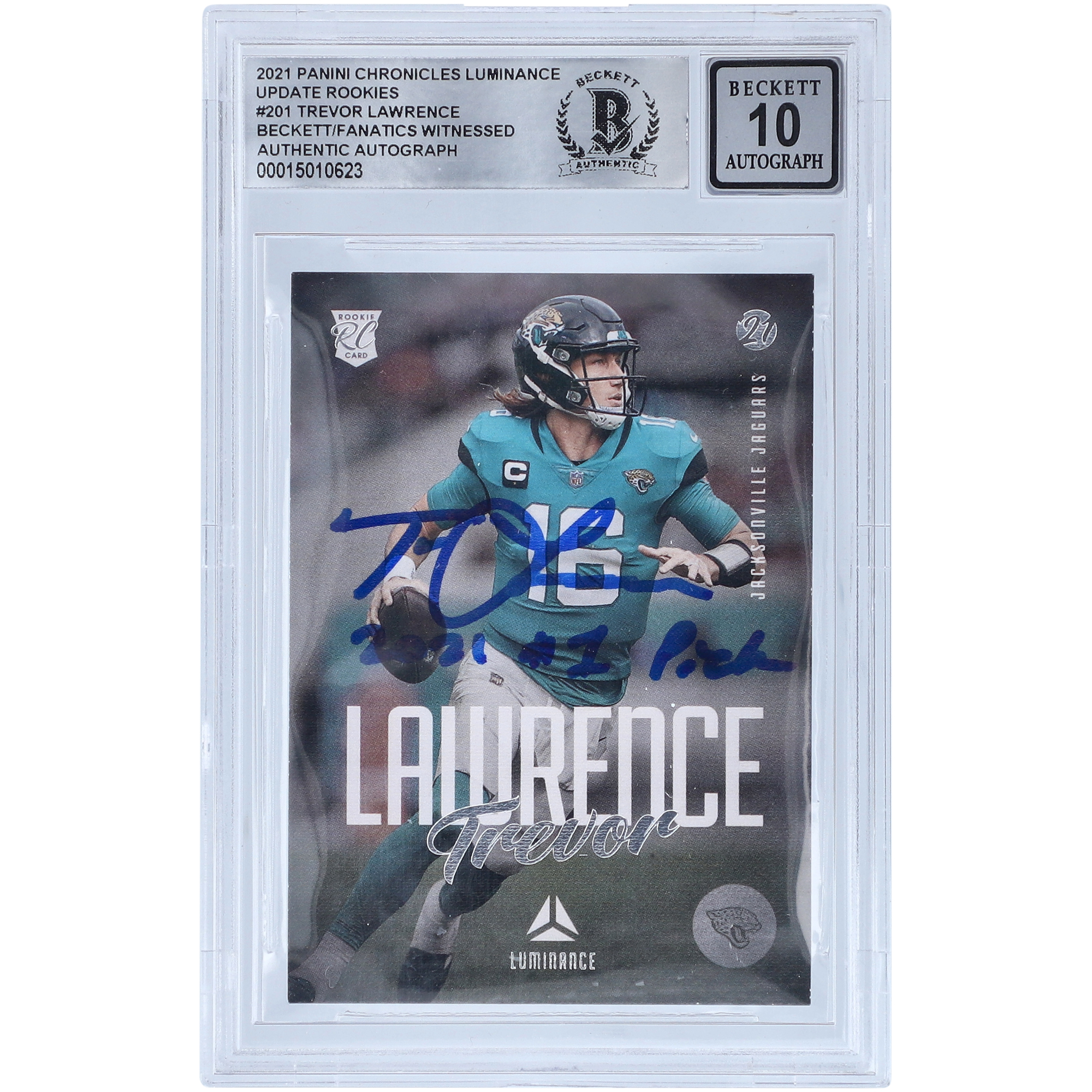 Trevor Lawrence Jacksonville Jaguars signierte 2021 Panini Chronicles Luminance #201 Beckett Fanatics bezeugte authentifizierte 10 Rookie-Karte mit „2021 #1 Pick“-Aufschrift