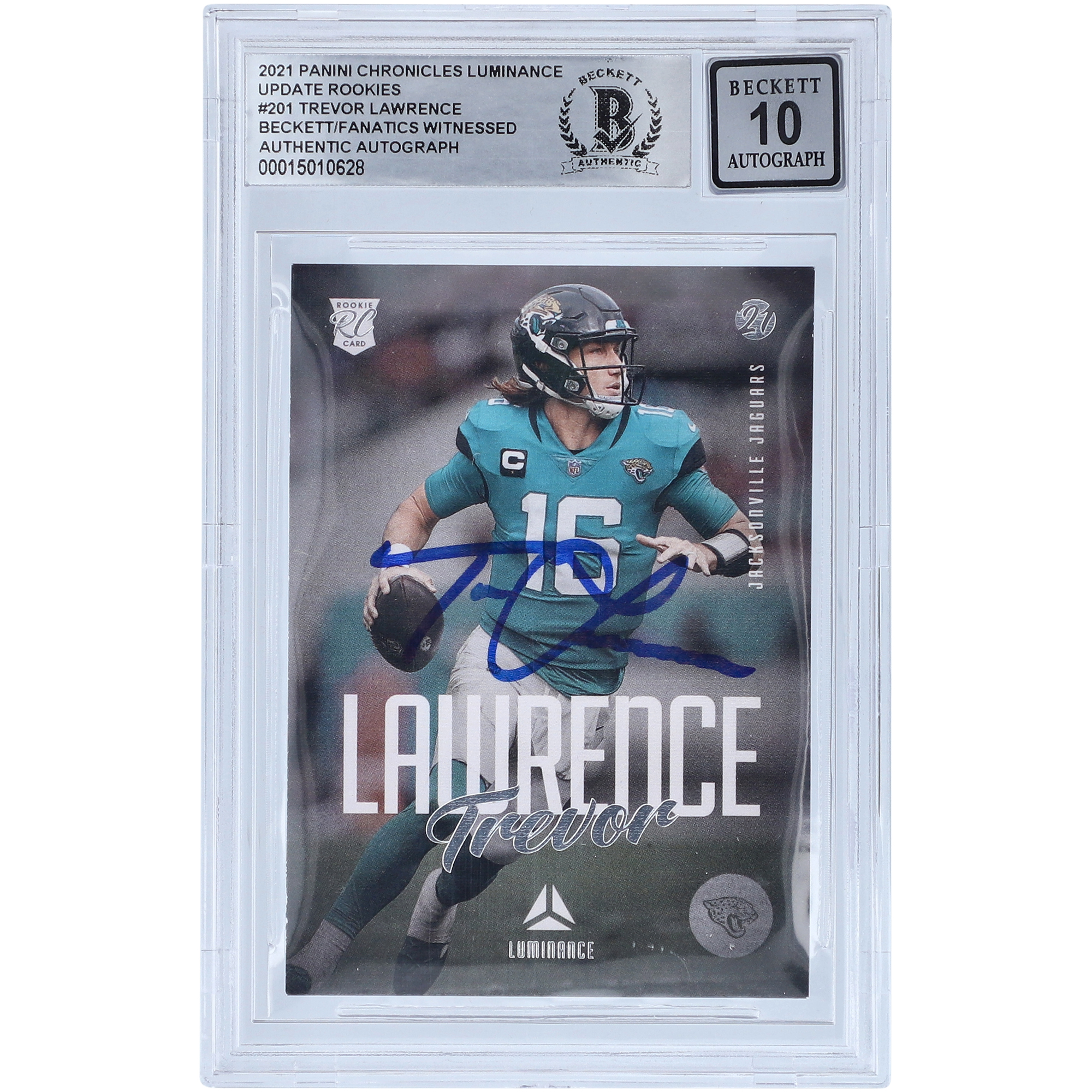 Trevor Lawrence Jacksonville Jaguars signiert 2021 Panini Chronicles Luminance #201 Beckett Fanatics Zeuge authentifizierte 10 Rookie-Karte