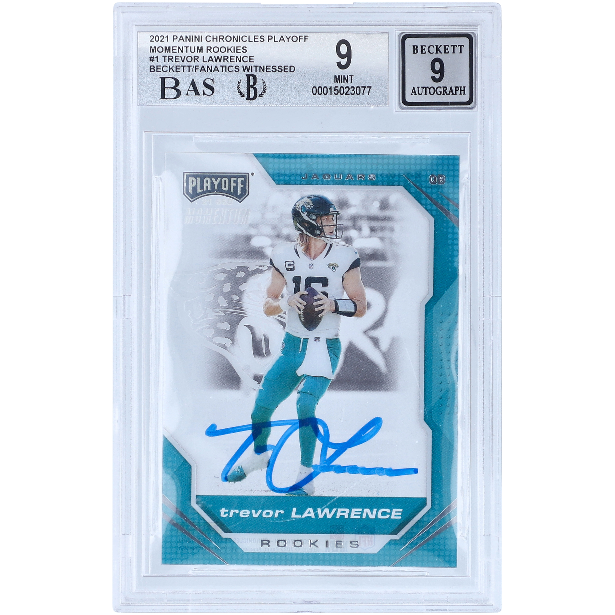 Panini America Trevor Lawrence Jacksonville Jaguars signiert 2021 Panini Chronicles Playoff Momentum #PMR-1 Beckett Fanatics bezeugt authentifizierte 9/9 Rookie-Karte – Zentrierung 9 Ecken 9 Kanten 9 Oberfläche 8,5