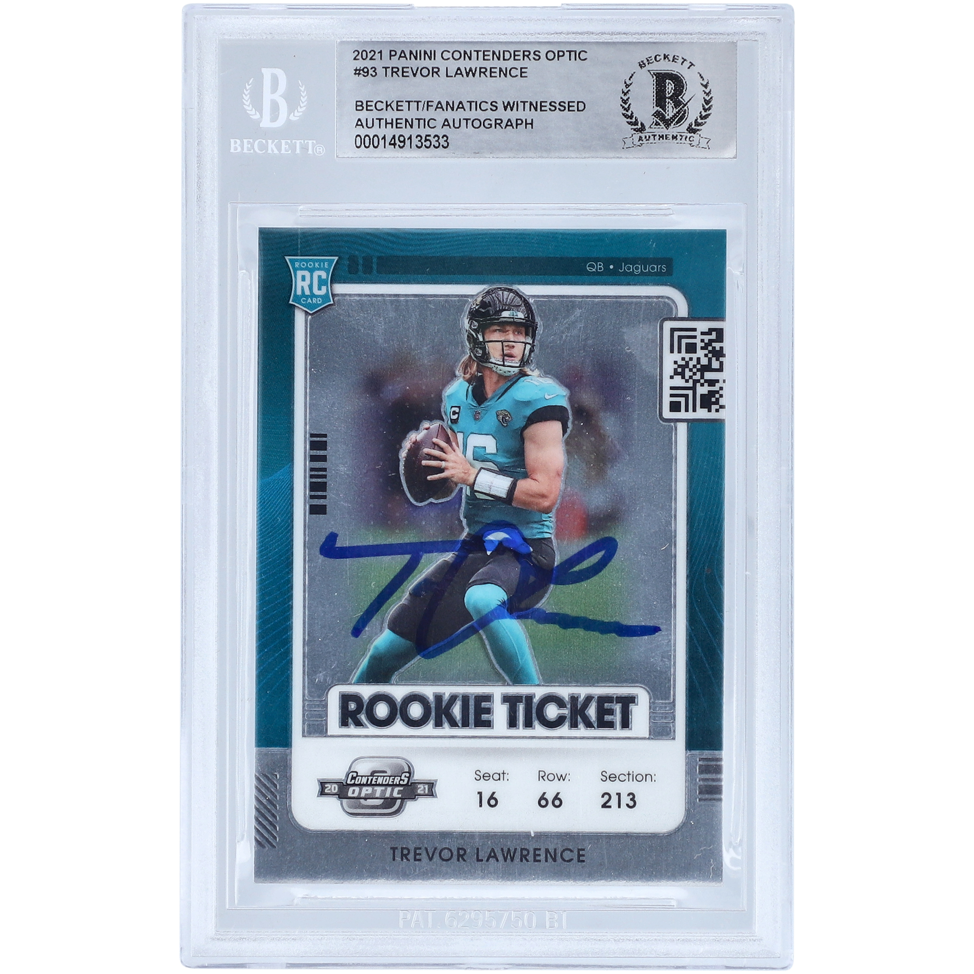 Trevor Lawrence Jacksonville Jaguars signiertes 2021 Panini Contenders Optic Rookie Ticket #93 Beckett Fanatics bezeugte authentifizierte Rookie-Karte