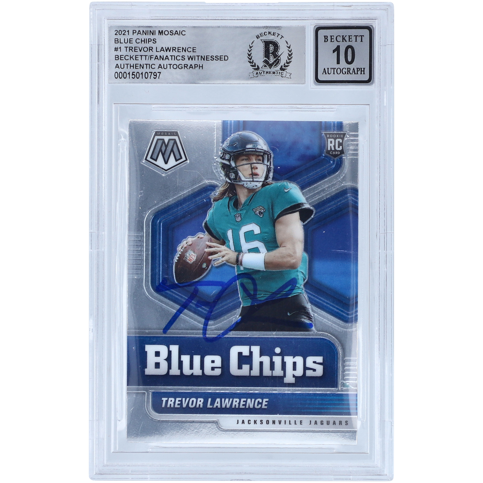 Trevor Lawrence Jacksonville Jaguars signierte 2021 Panini Mosaic Blue Chip #1 Beckett Fanatics bezeugte authentifizierte 10 Rookie-Karte