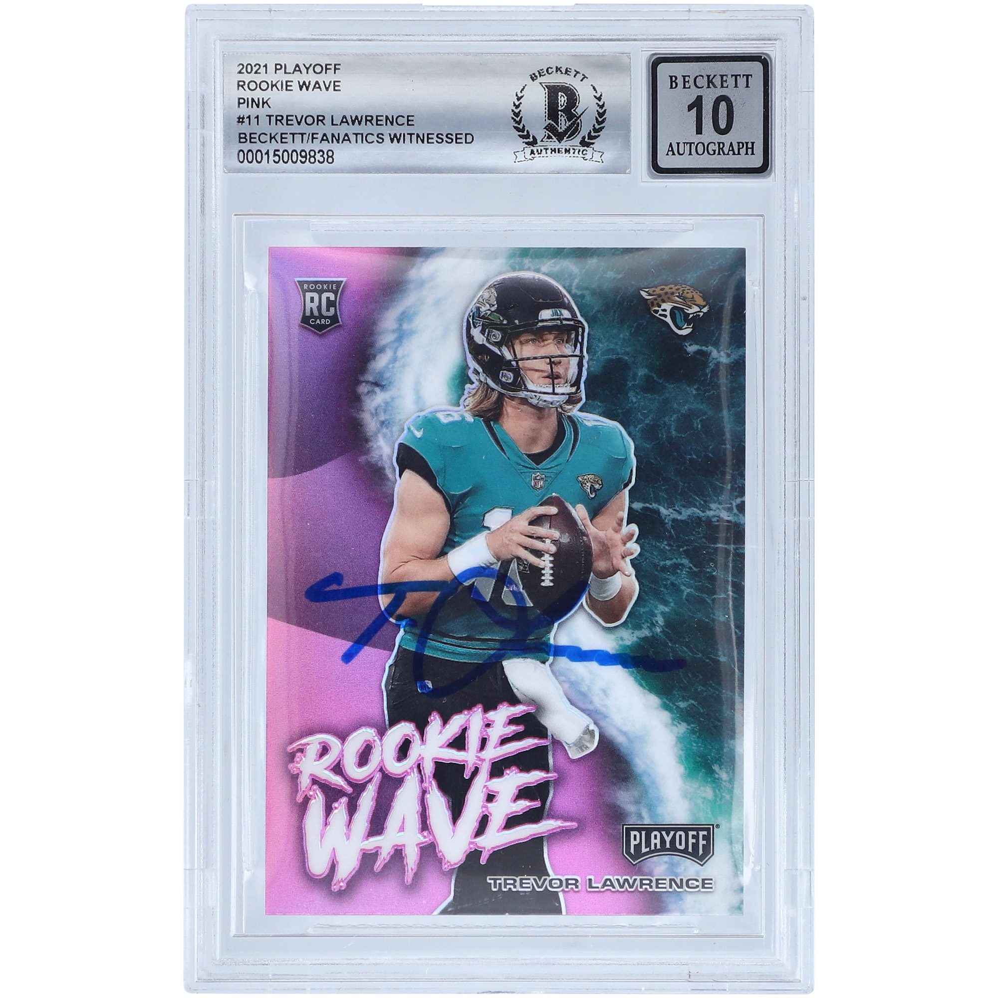 Trevor Lawrence Jacksonville Jaguars signierte 2021 Panini Playoff Rookie Wave Pink #RW-TLR Beckett Fanatics bezeugte authentifizierte 10 Rookie-Karte