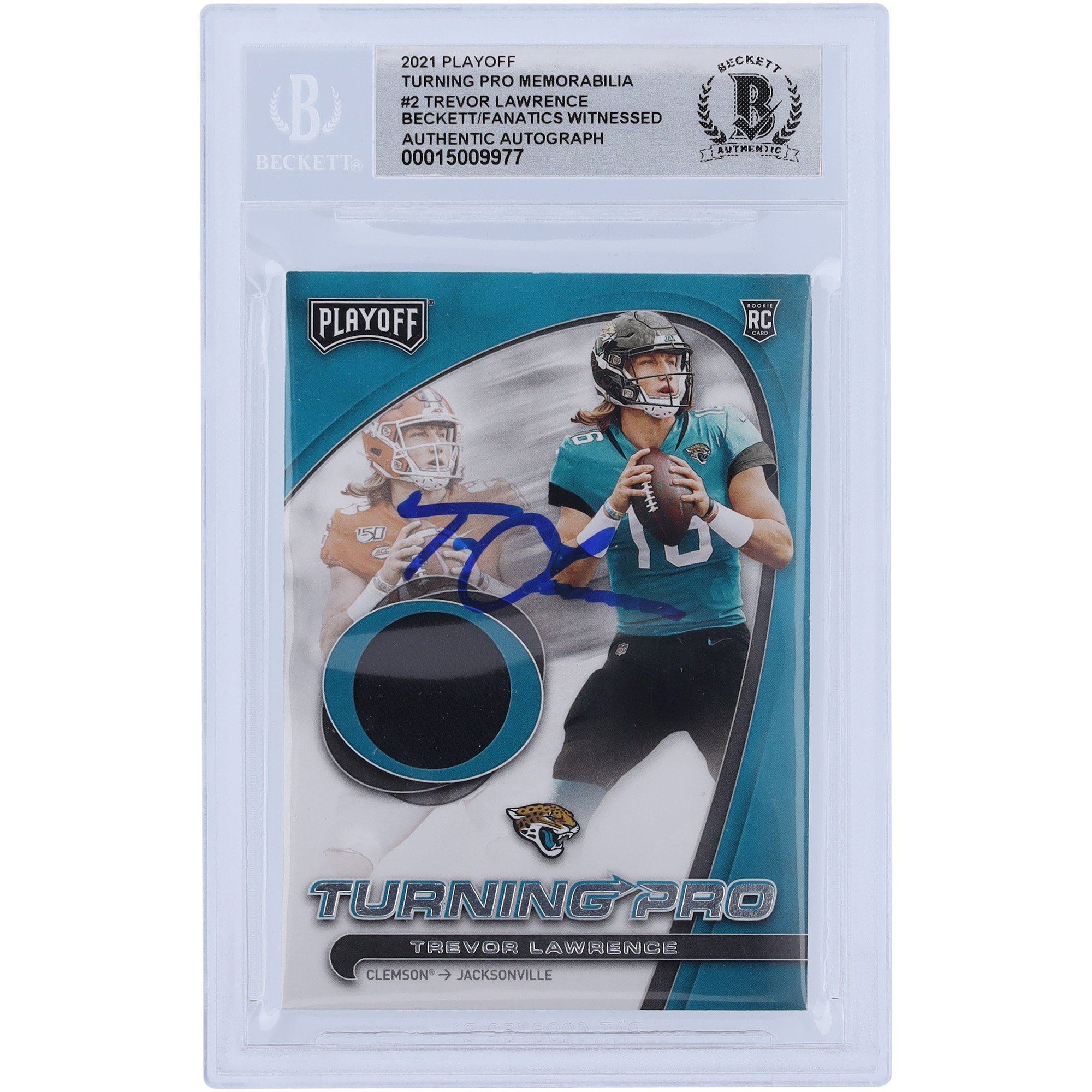 Trevor Lawrence Jacksonville Jaguars signiertes 2021 Panini Playoff Turning Pro Relic #TP-TLR Beckett Fanatics bezeugte authentifizierte Rookie 10 Karte