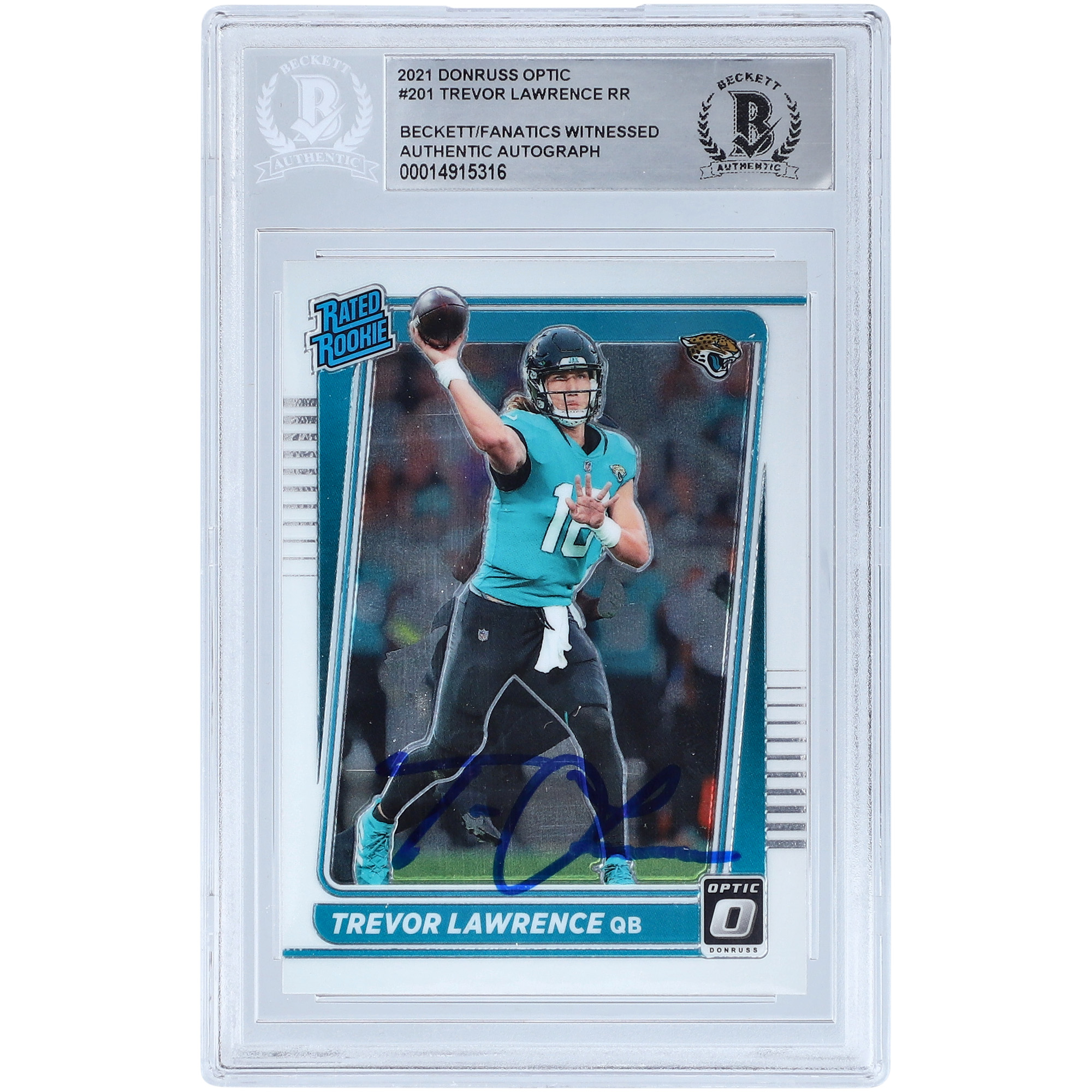 Trevor Lawrence Jacksonville Jaguars signierte 2021 Panini Donruss Optic Rated Rookie #201 Beckett Fanatics bezeugte authentifizierte Rookie-Karte