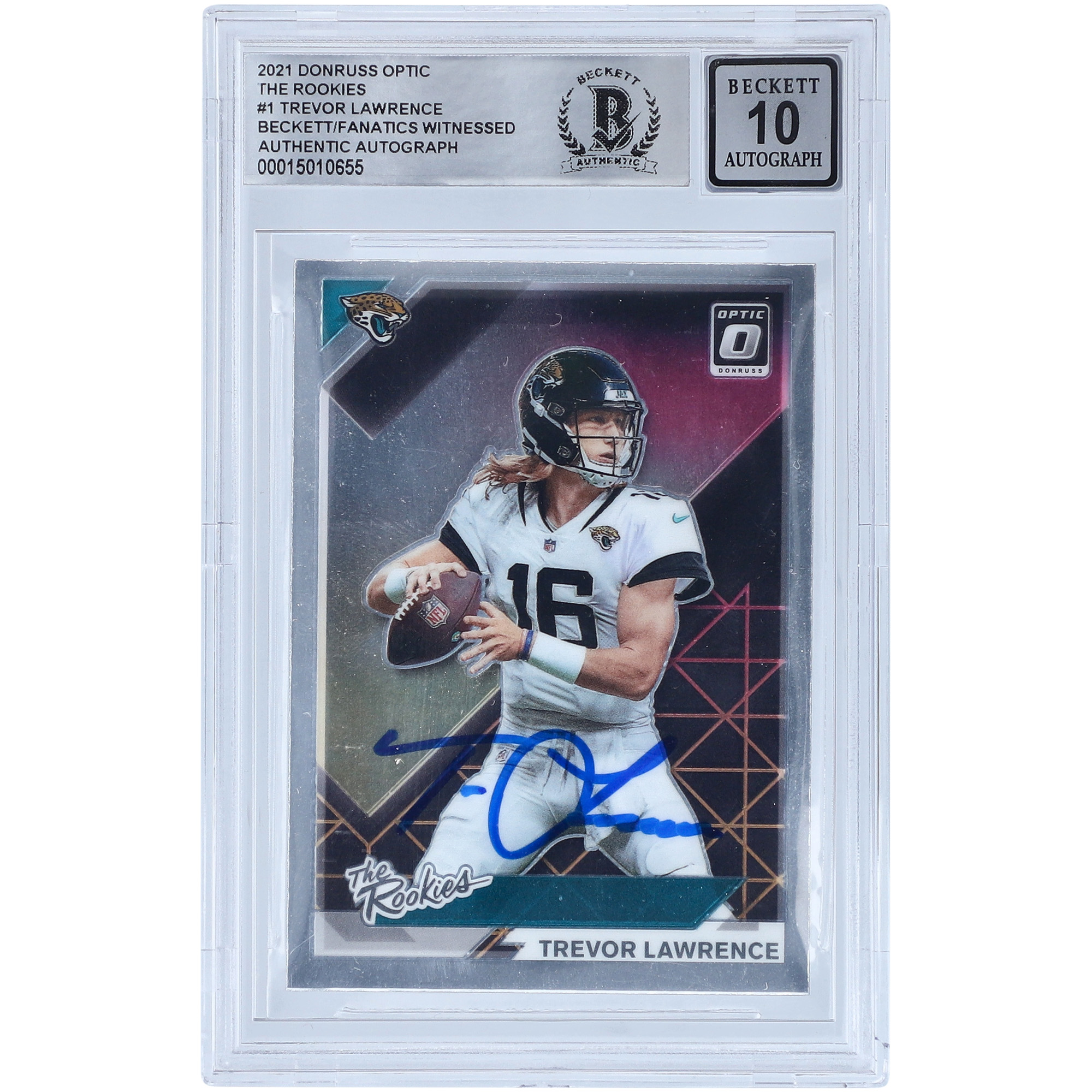 Trevor Lawrence Jacksonville Jaguars signiert 2021 Panini Donruss Optic The Rookies #TR-1 Beckett Fanatics bezeugt authentifizierte 10 Rookie-Karte