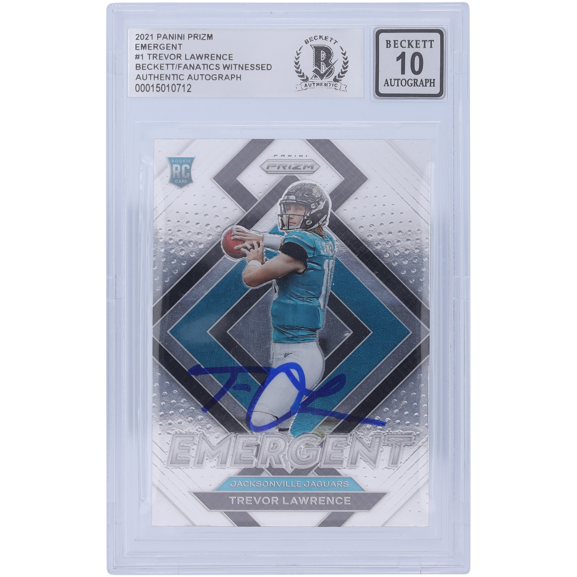 Trevor Lawrence Jacksonville Jaguars signiert 2021 Panini Prizm 1 Emergent #E-1 Beckett Fanatics bezeugt authentifiziert 10 Rookie-Karte