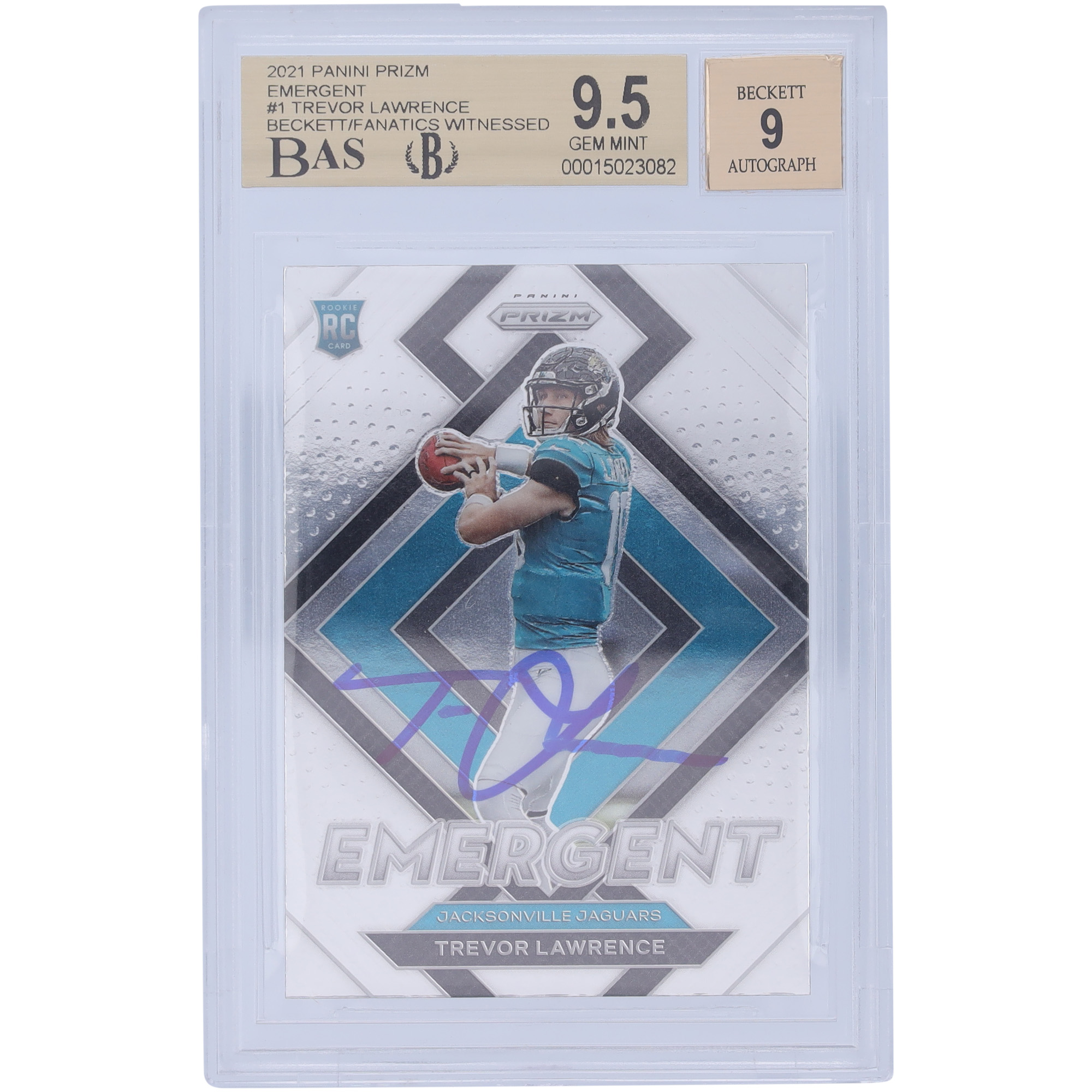 Trevor Lawrence Jacksonville Jaguars signierte 2021 Panini Prizm Emergent #E-1 Beckett Fanatics bezeugte authentifizierte 9,5/9 Rookie-Karte – 9,5/9,5/9,5/9 Untergrades