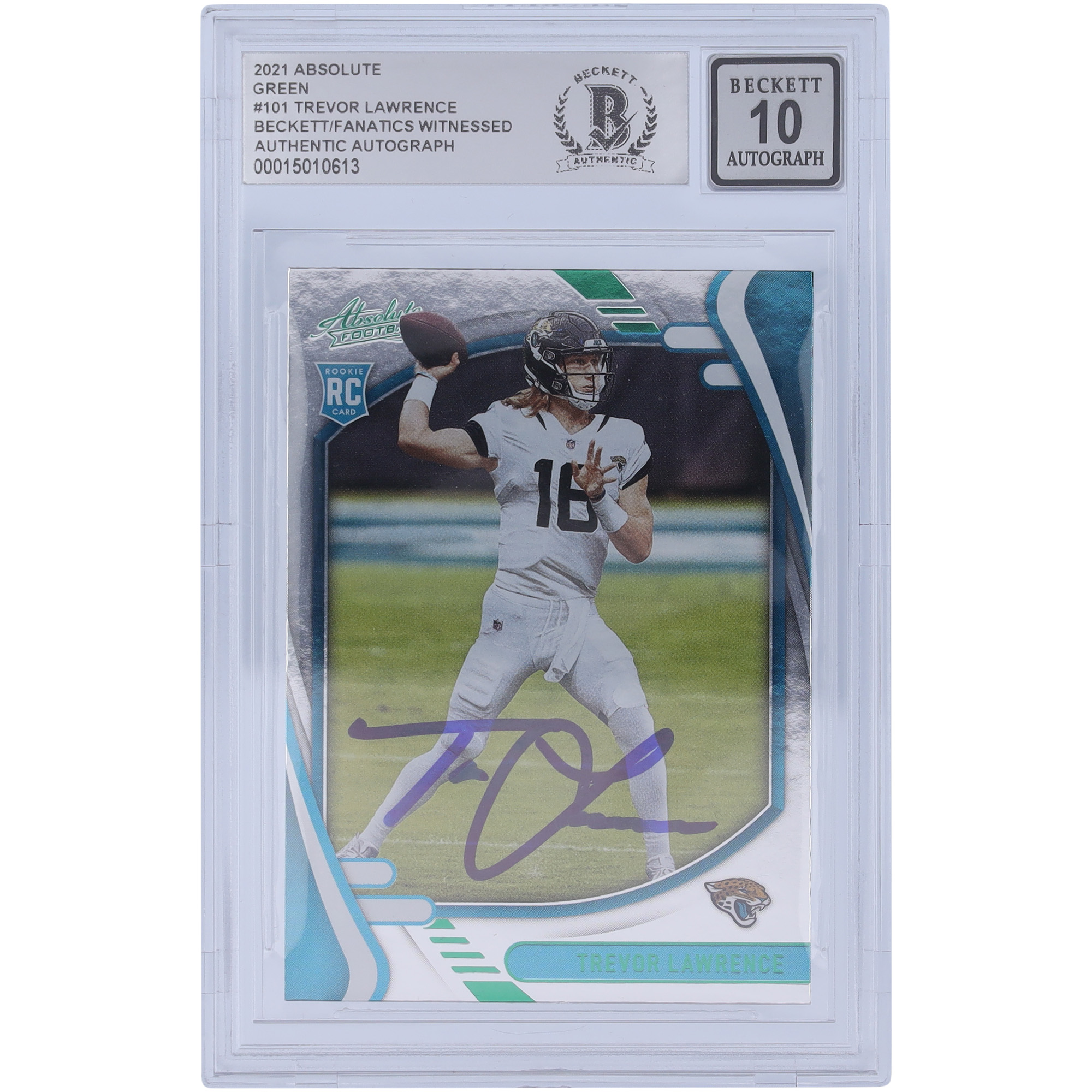 Trevor Lawrence Jacksonville Jaguars signiert 2021 Panini Absolute Green #101 Beckett Fanatics bezeugt authentifiziert 10 Rookie-Karte