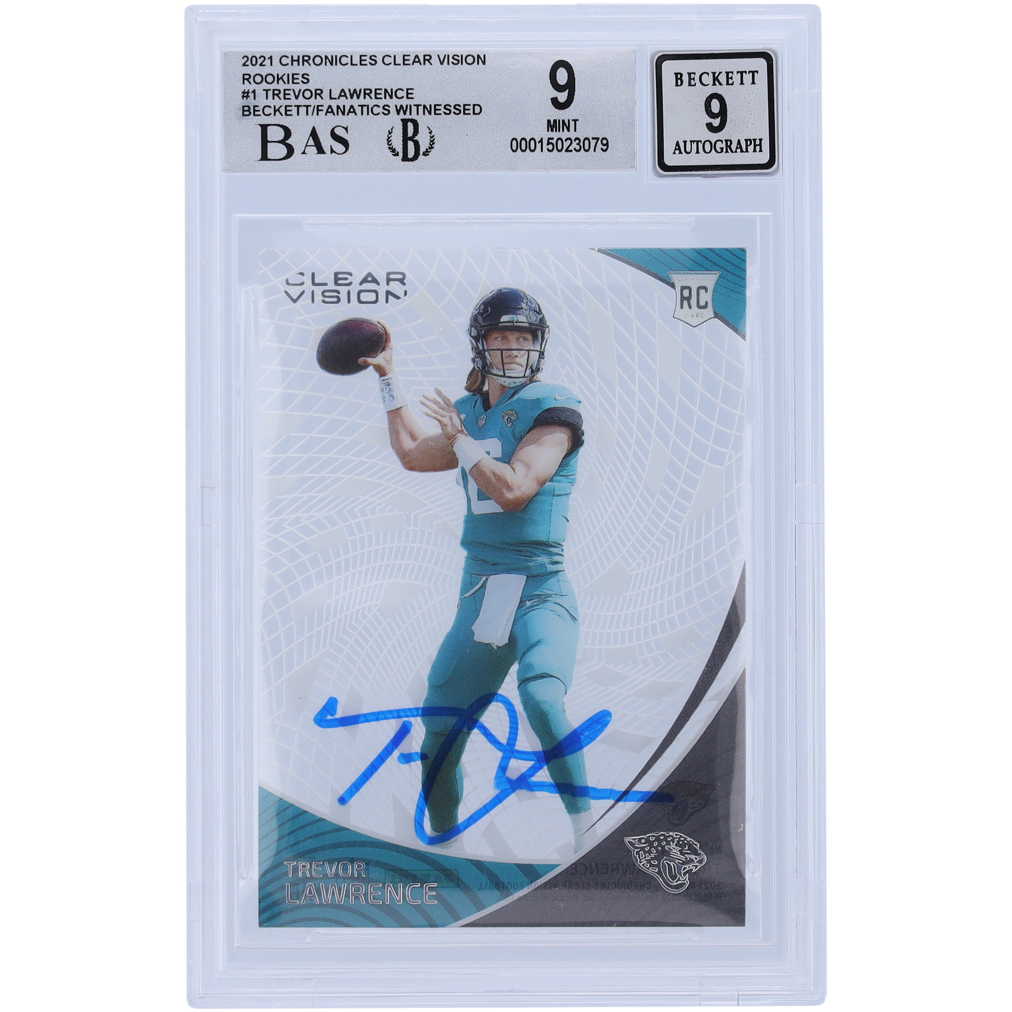 Trevor Lawrence Jacksonville Jaguars signierte 2021 Panini Chronicles Clear Vision #CVR-1 Beckett Fanatics bezeugte authentifizierte 9/9 Rookie-Karte – 10/9/9,5/9 Untergrades