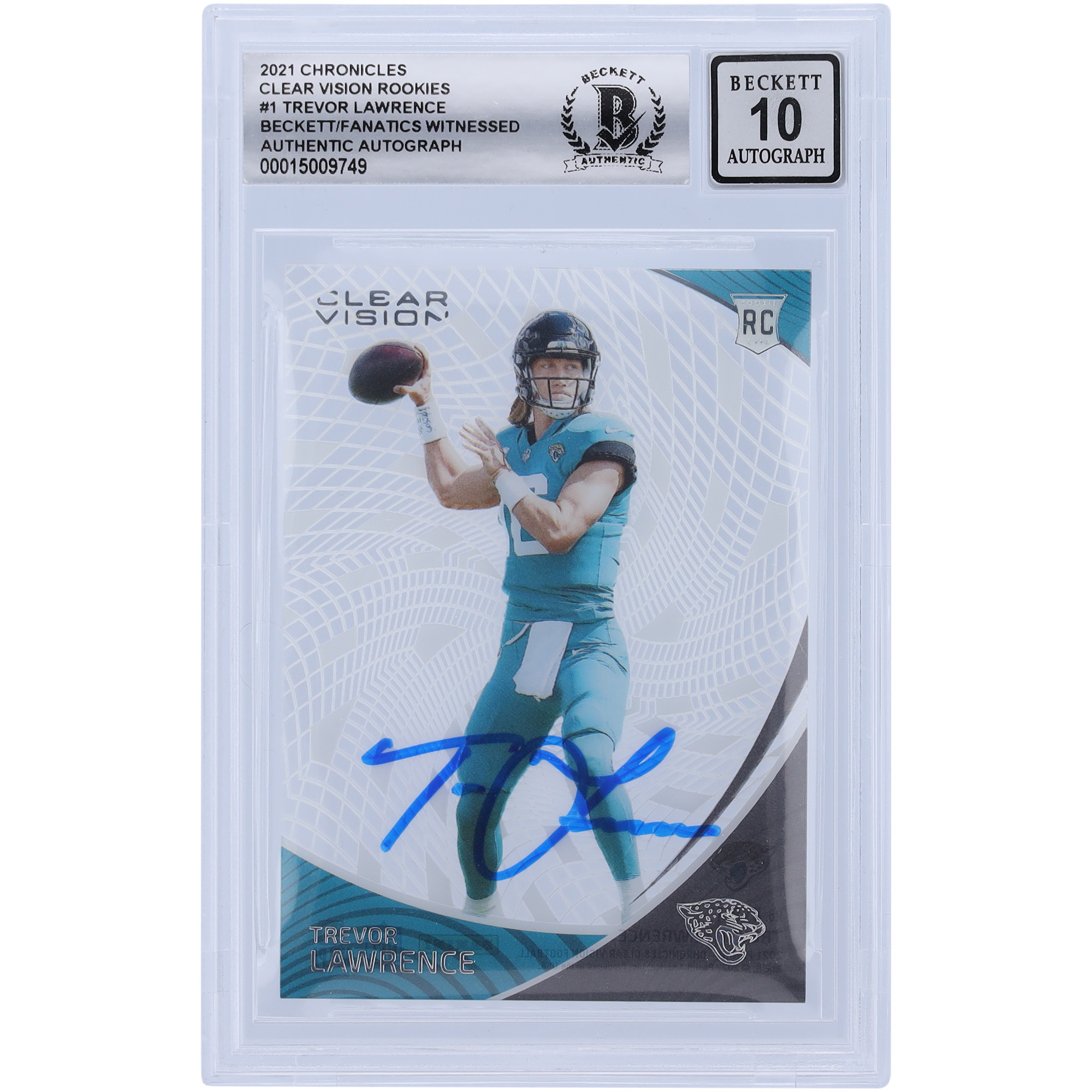 Trevor Lawrence Jacksonville Jaguars signierte 2021 Panini Chronicles Clear Vision #CVR-1 Beckett Fanatics bezeugte authentifizierte 10 Rookie-Karte