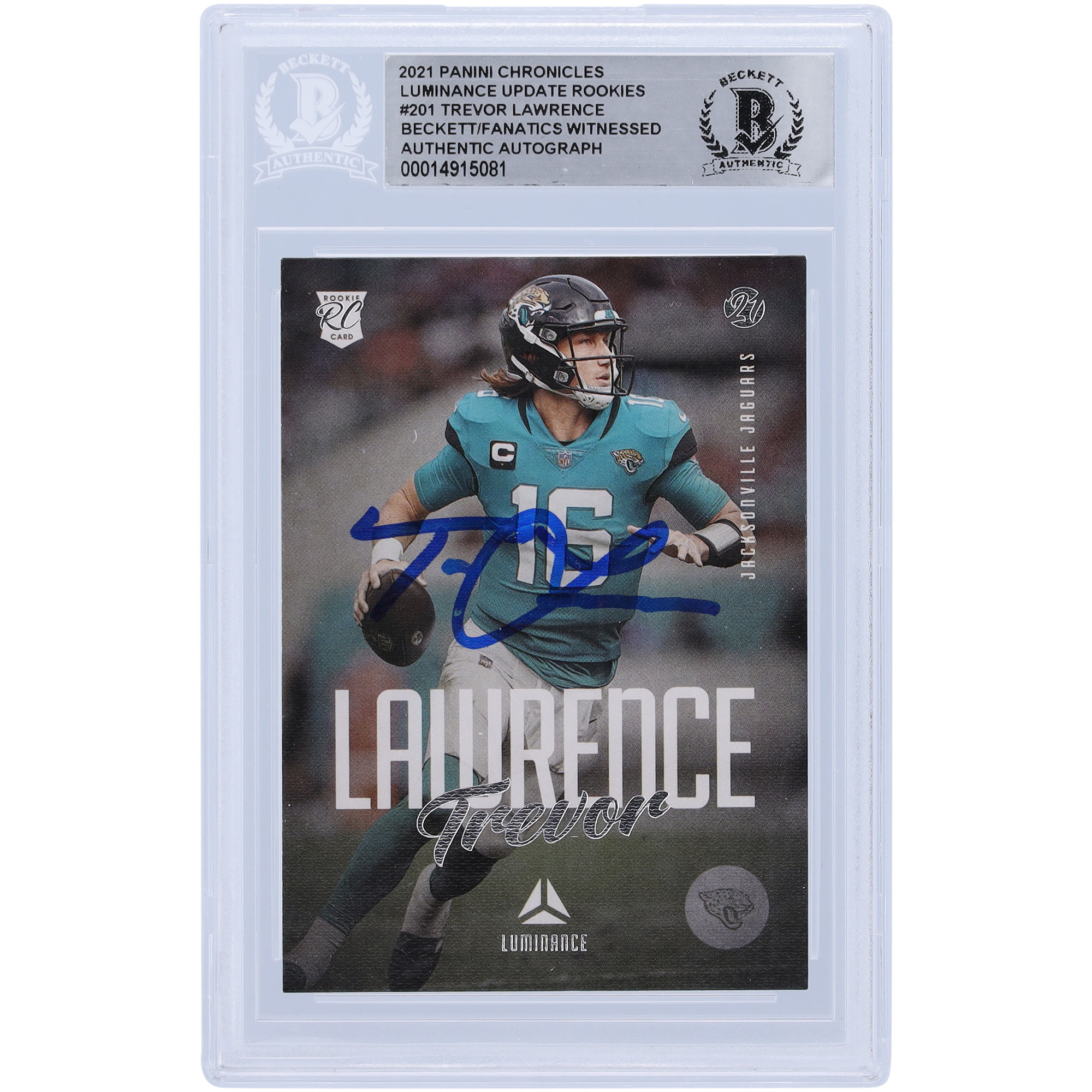 Trevor Lawrence Jacksonville Jaguars signierte 2021 Panini Chronicles Luminance #201 Beckett Fanatics bezeugte authentifizierte Rookie-Karte