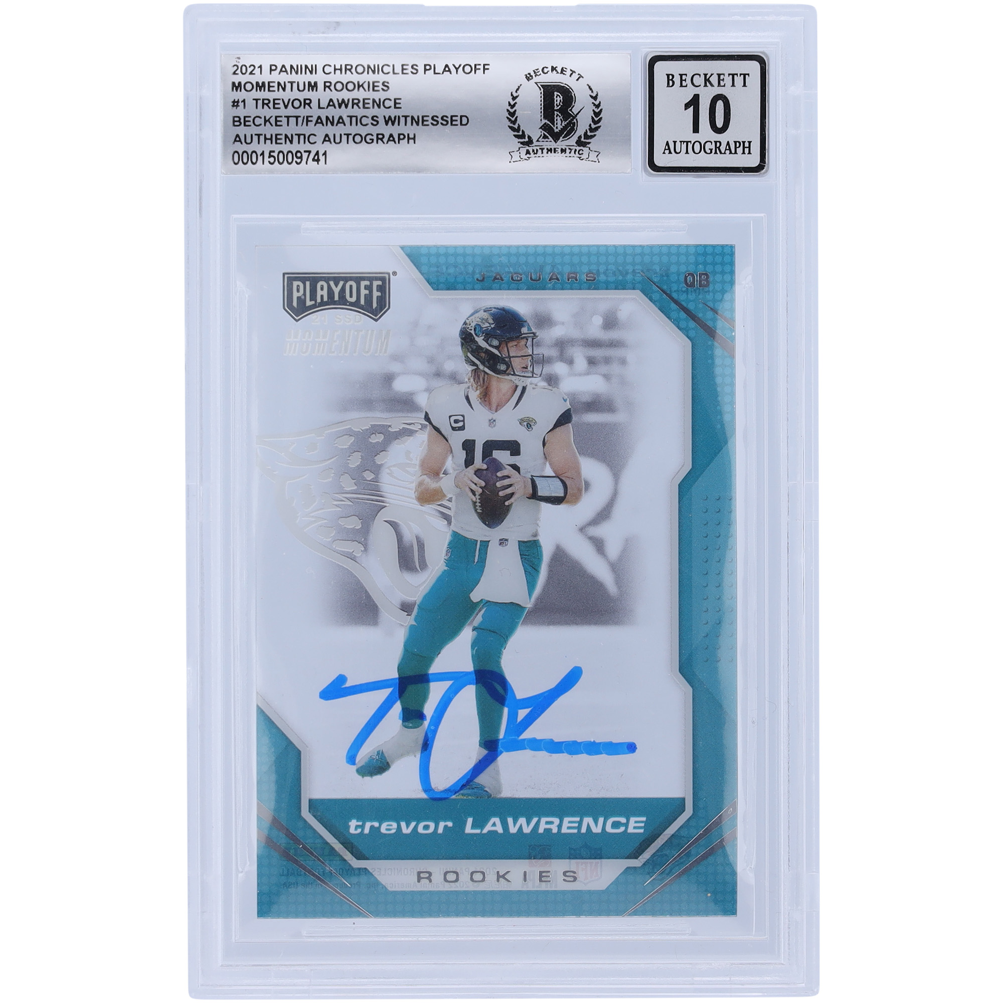 Trevor Lawrence Jacksonville Jaguars signierte 2021 Panini Chronicles Playoff Momentum #PMR-1 Beckett Fanatics bezeugte authentifizierte 10 Rookie-Karte