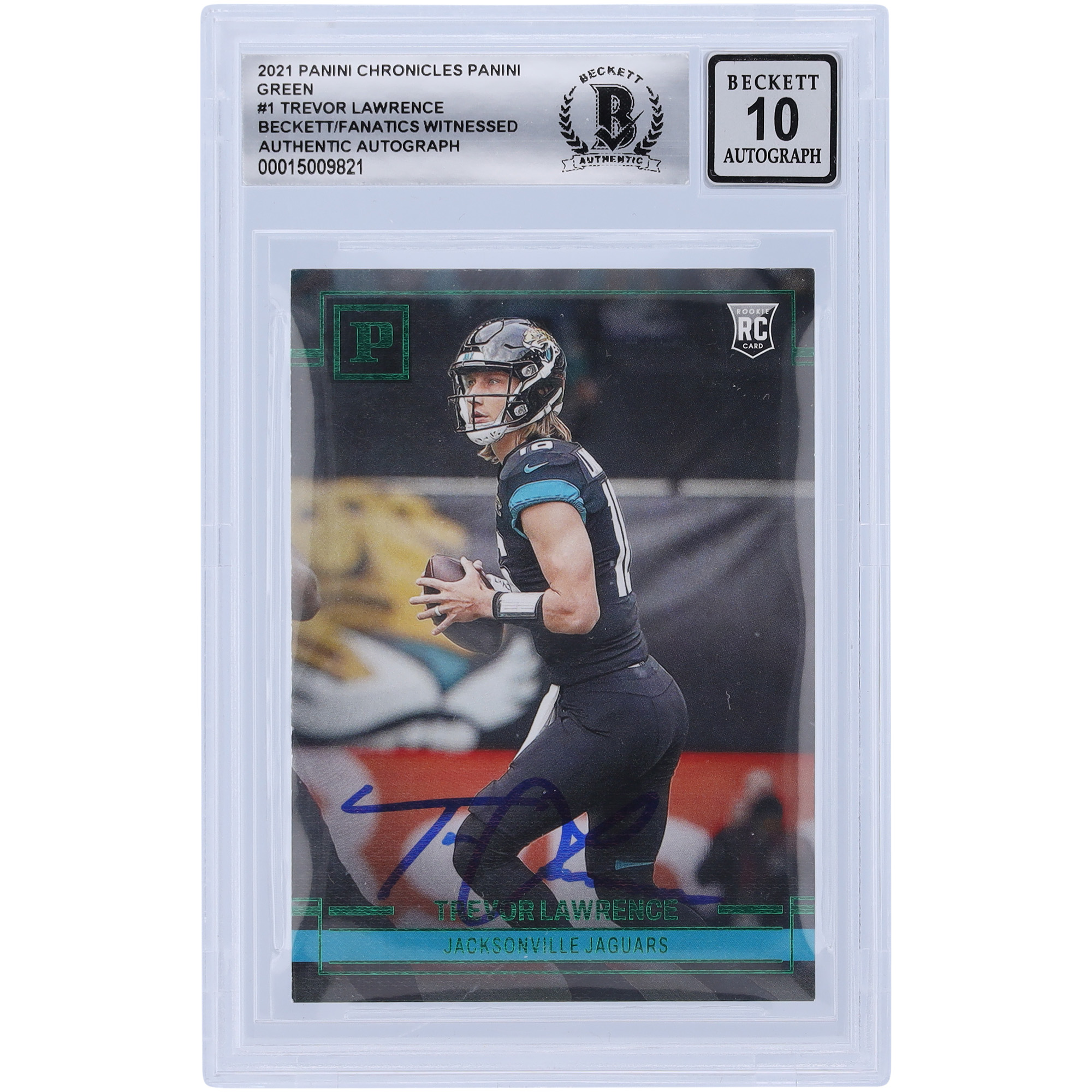 Trevor Lawrence Jacksonville Jaguars signierte 2021 Panini Chronicles Green #PA-1 Beckett Fanatics bezeugte authentifizierte 10 Rookie-Karte